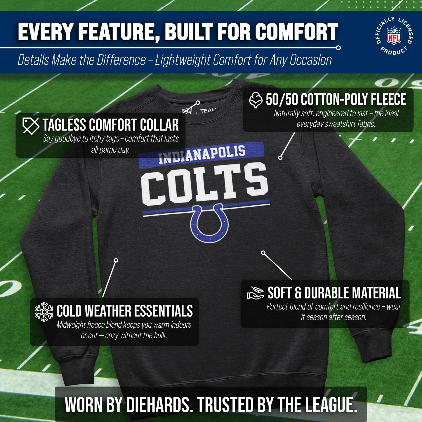Indianapolis Colts NFL Adult Long Sleeve Team Block Charcoal Crewneck Sweatshirt - Charcoal