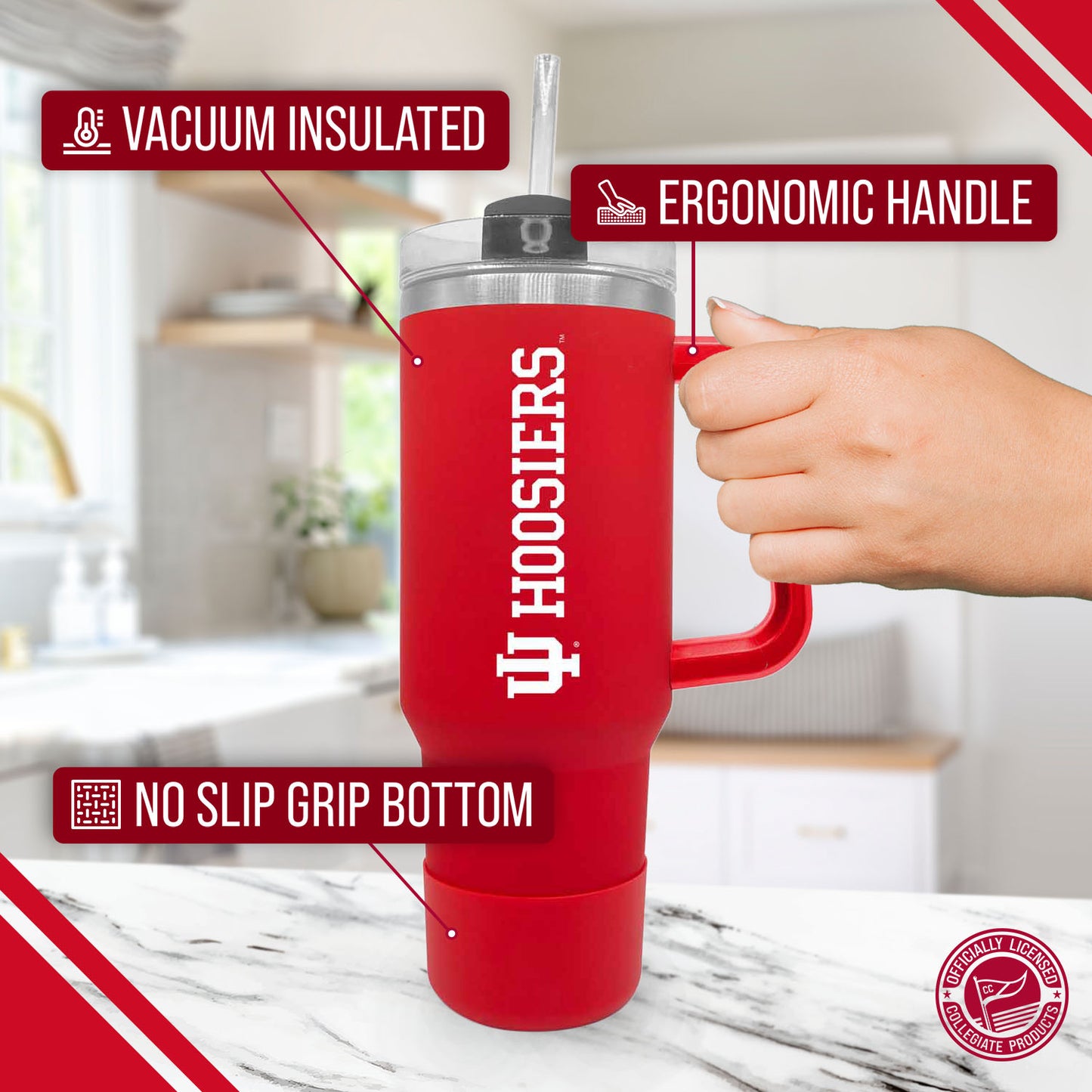 Indiana Hoosiers College & University 40 oz Travel Tumbler With Handle - Crimson