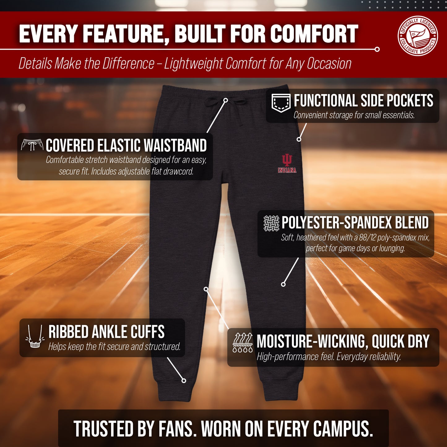 Indiana Hoosiers NCAA Men’s University Cloud Jersey Performance Jogger Pants with Drawstring Waistband - Black Heather