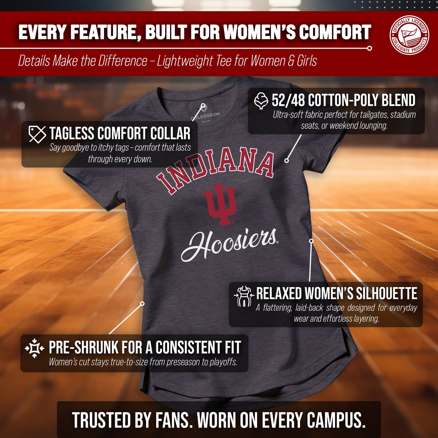 Indiana Hoosiers NCAA Womens Tag-Less Ultra Soft Tailgate T-Shirt - Black Heather
