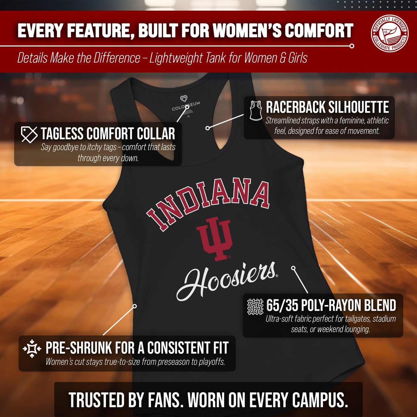 Indiana Hoosiers NCAA Womens Tag-Less Ultra Soft Tailgate Tank Top - Black Heather