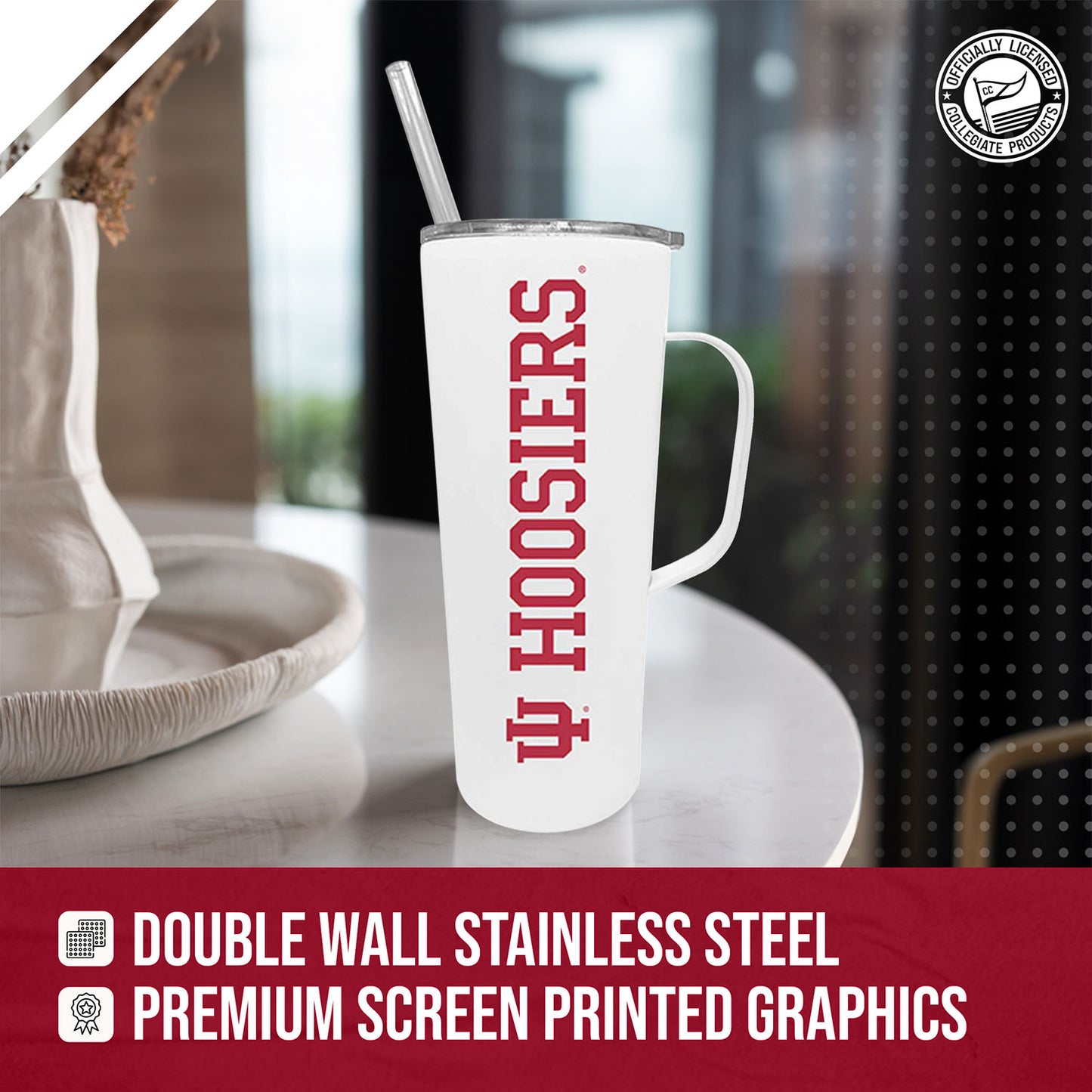 Indiana Hoosiers NCAA Stainless Steel 20oz Roadie With Handle & Dual Option Lid With Straw - White