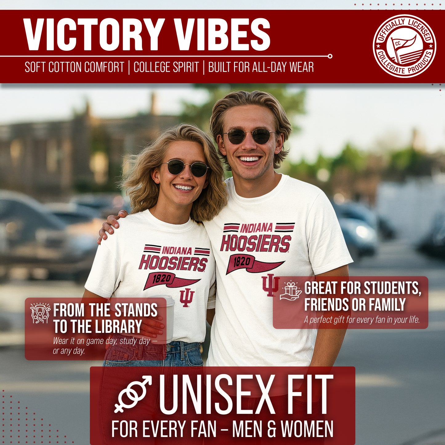 Indiana Hoosiers NCAA Adult Unisex Varsity Club Pennant T-Shirt Tag-Less - Off White