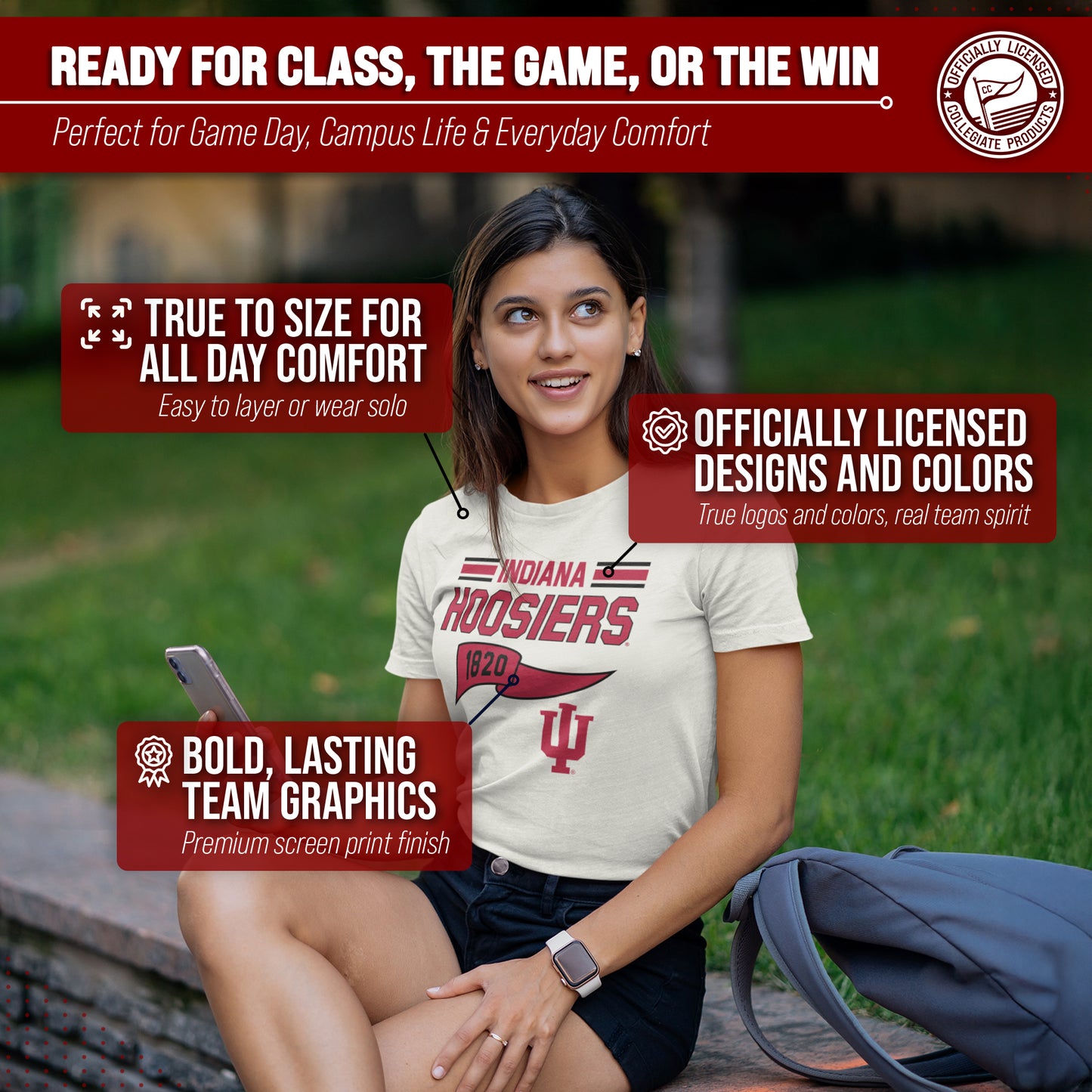 Indiana Hoosiers NCAA Adult Unisex Varsity Club Pennant T-Shirt Tag-Less - Off White