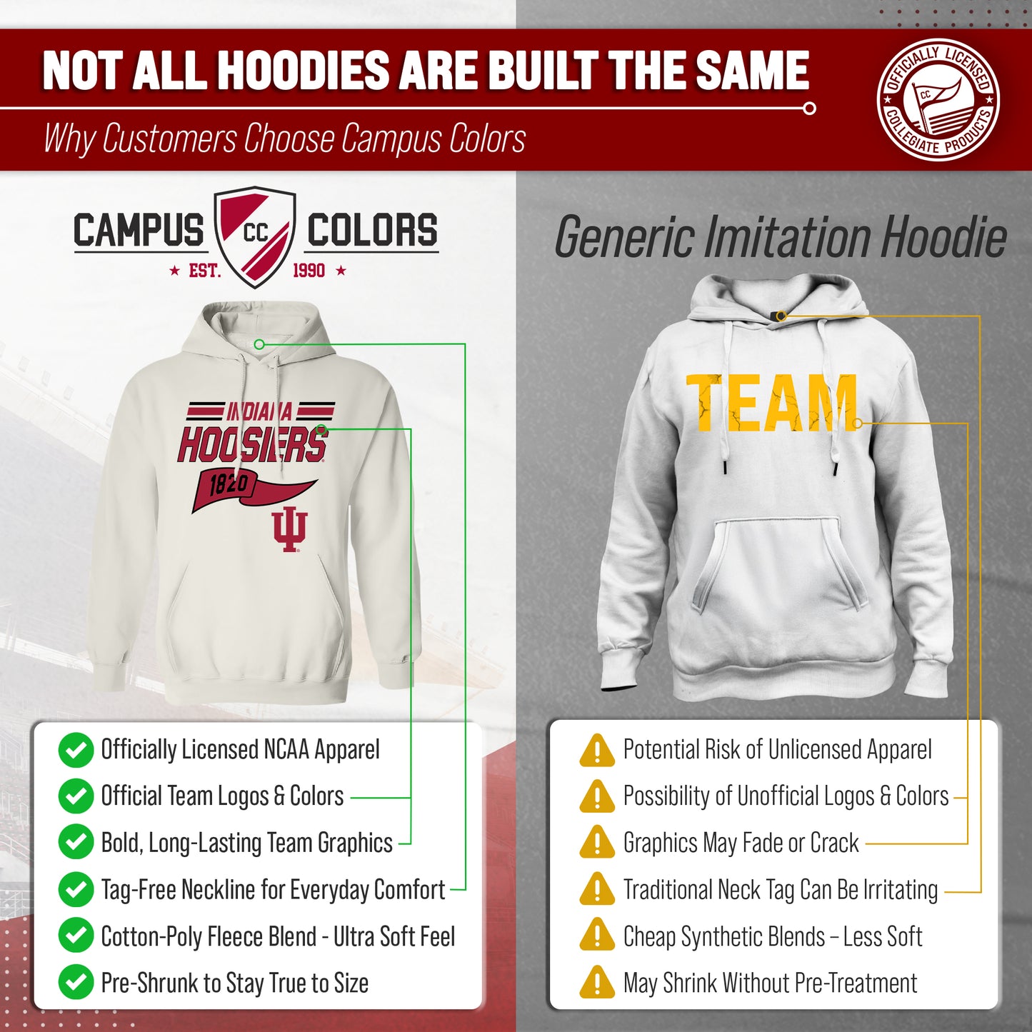 Indiana Hoosiers NCAA Adult Unisex Varsity Club Pennant Hooded Fleece Sweatshirt - Off White