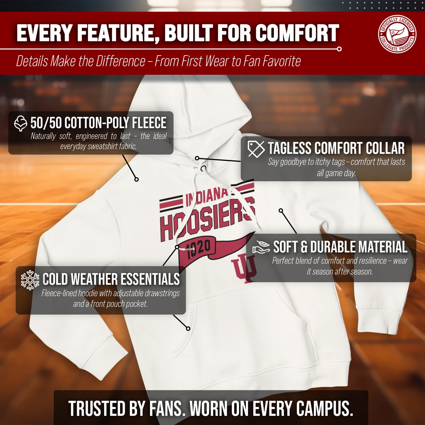 Indiana Hoosiers NCAA Adult Unisex Varsity Club Pennant Hooded Fleece Sweatshirt - Off White