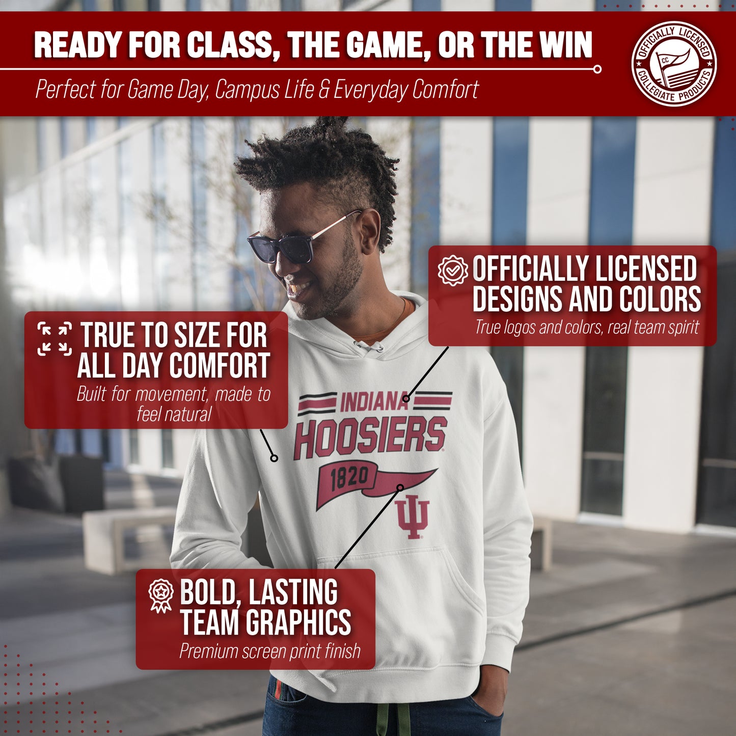 Indiana Hoosiers NCAA Adult Unisex Varsity Club Pennant Hooded Fleece Sweatshirt - Off White