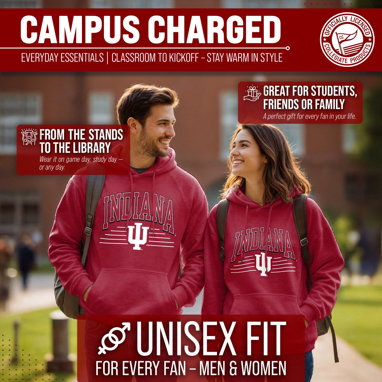 Indiana Hoosiers NCAA Adult Unisex Overtime Classics Hooded Fleece Sweatshirt - Cardinal