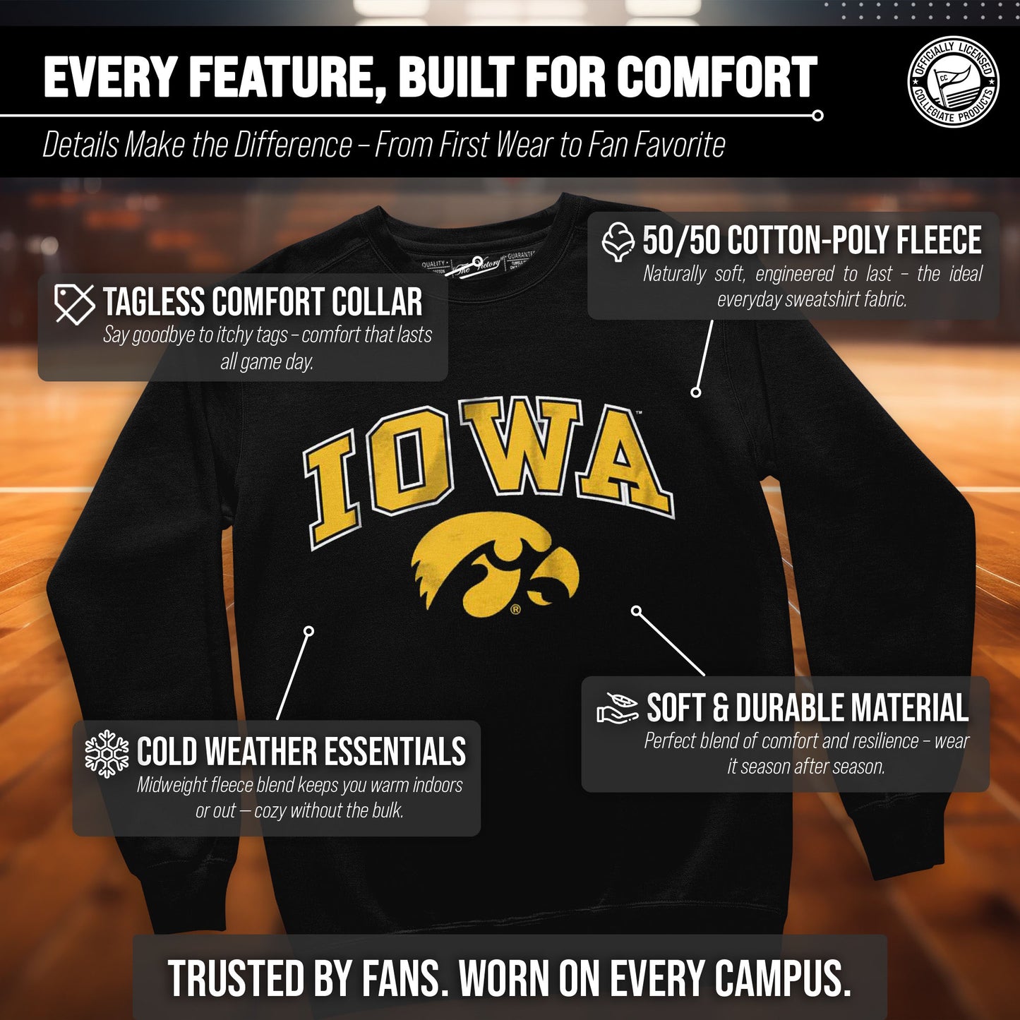Iowa Hawkeyes Adult Arch & Logo Soft Style Gameday Crewneck Sweatshirt - Black