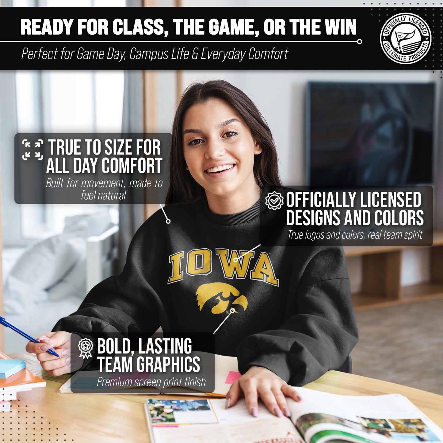 Iowa Hawkeyes Adult Arch & Logo Soft Style Gameday Crewneck Sweatshirt - Black