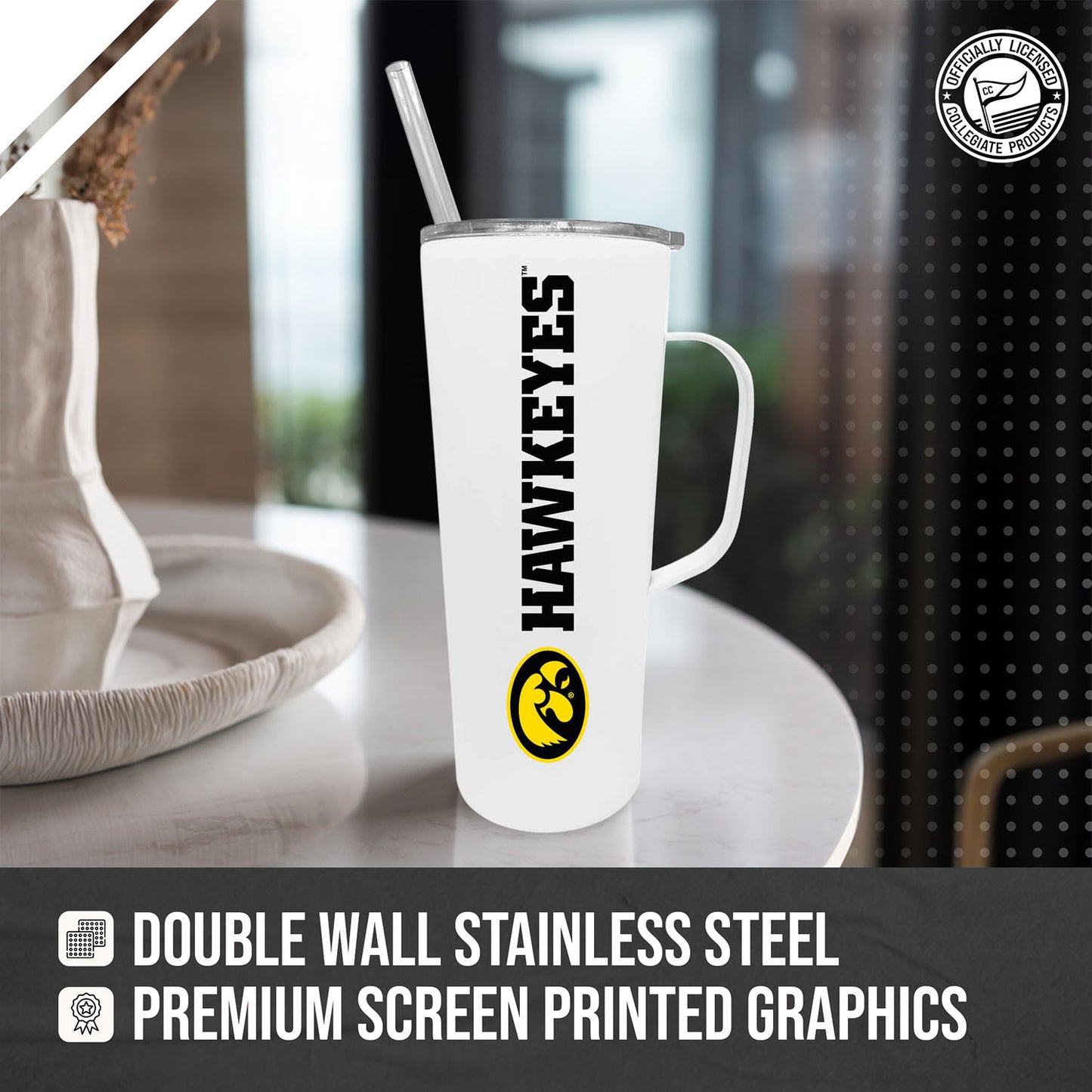 Iowa Hawkeyes NCAA Stainless Steel 20oz Roadie With Handle & Dual Option Lid With Straw - White