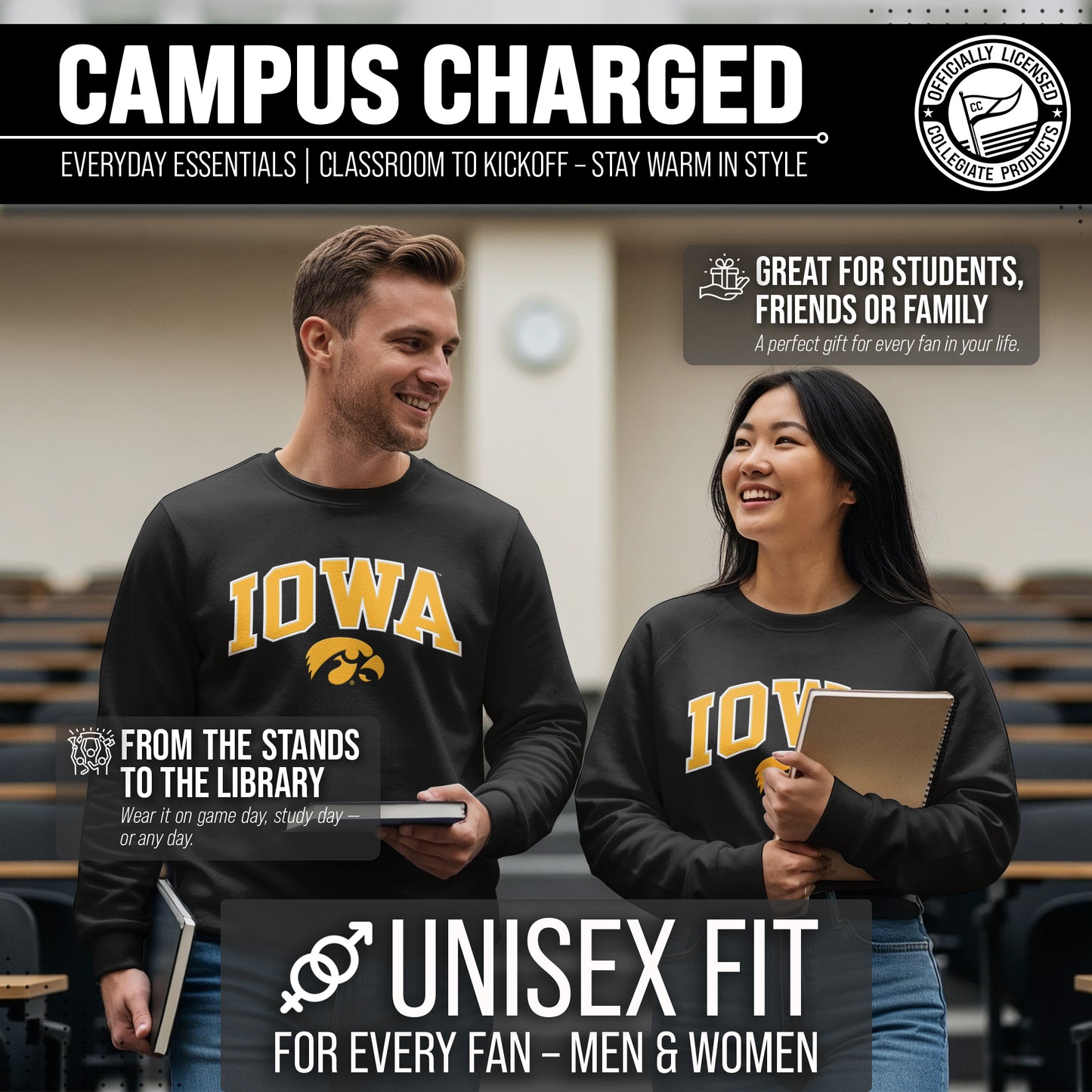 Iowa Hawkeyes NCAA Adult Tackle Twill Crewneck Sweatshirt - Black