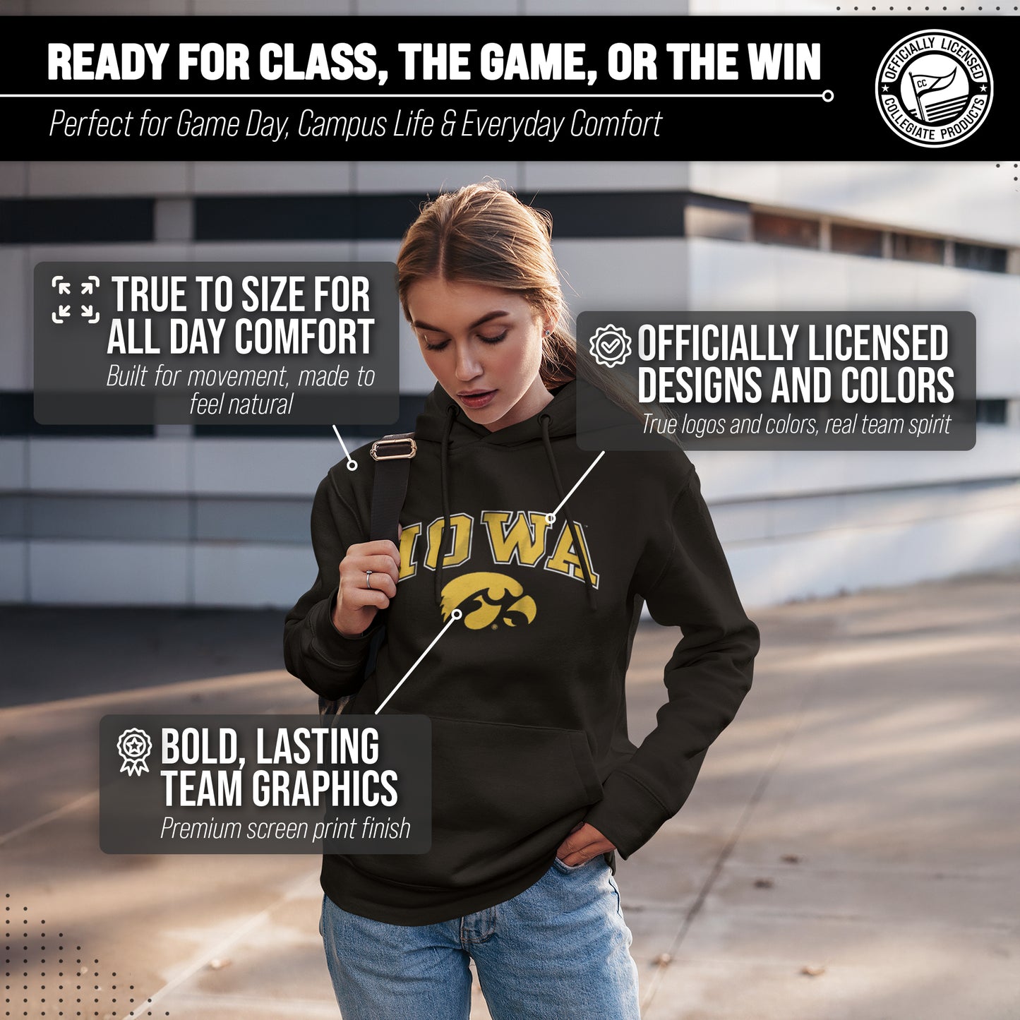 Iowa Hawkeyes Adult Arch & Logo Soft Style Gameday Hooded Sweatshirt - Black