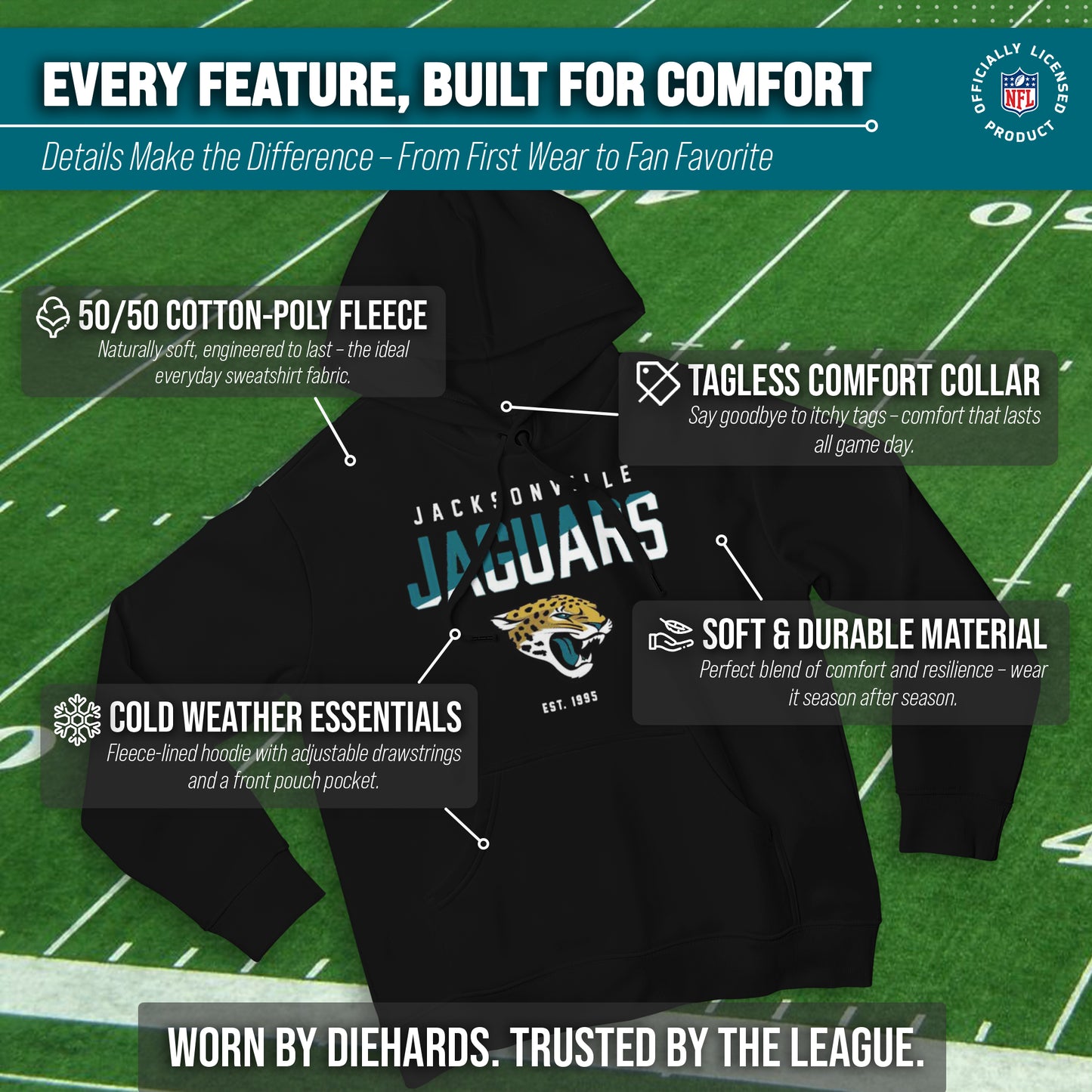 Jacksonville Jaguars Adult NFL Diagonal Fade Fleece Hooded Sweatshirt - Black