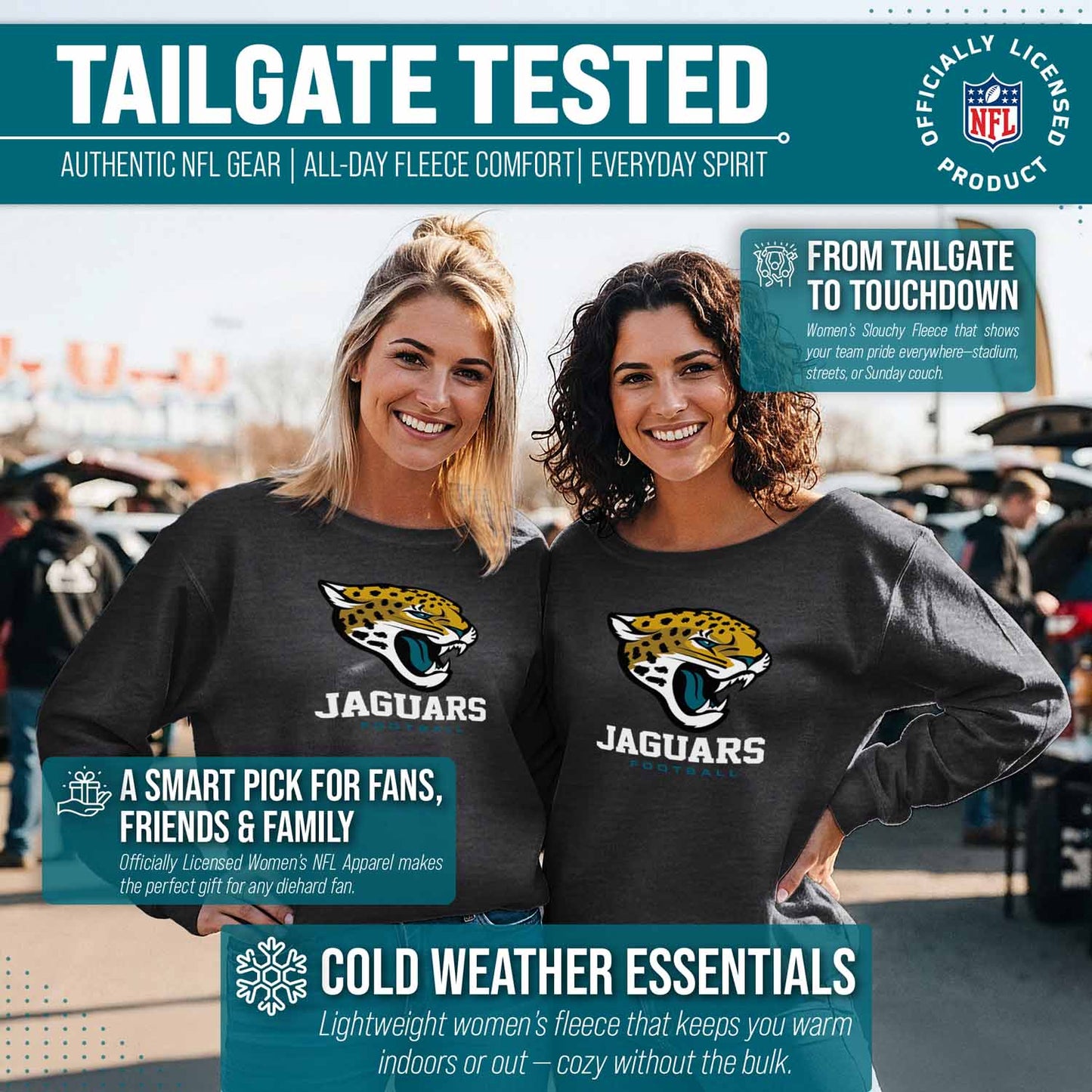 Jacksonville Jaguars Women's NFL Ultimate Fan Logo Slouchy Crewneck -Tagless Fleece Lightweight Pullover - Charcoal