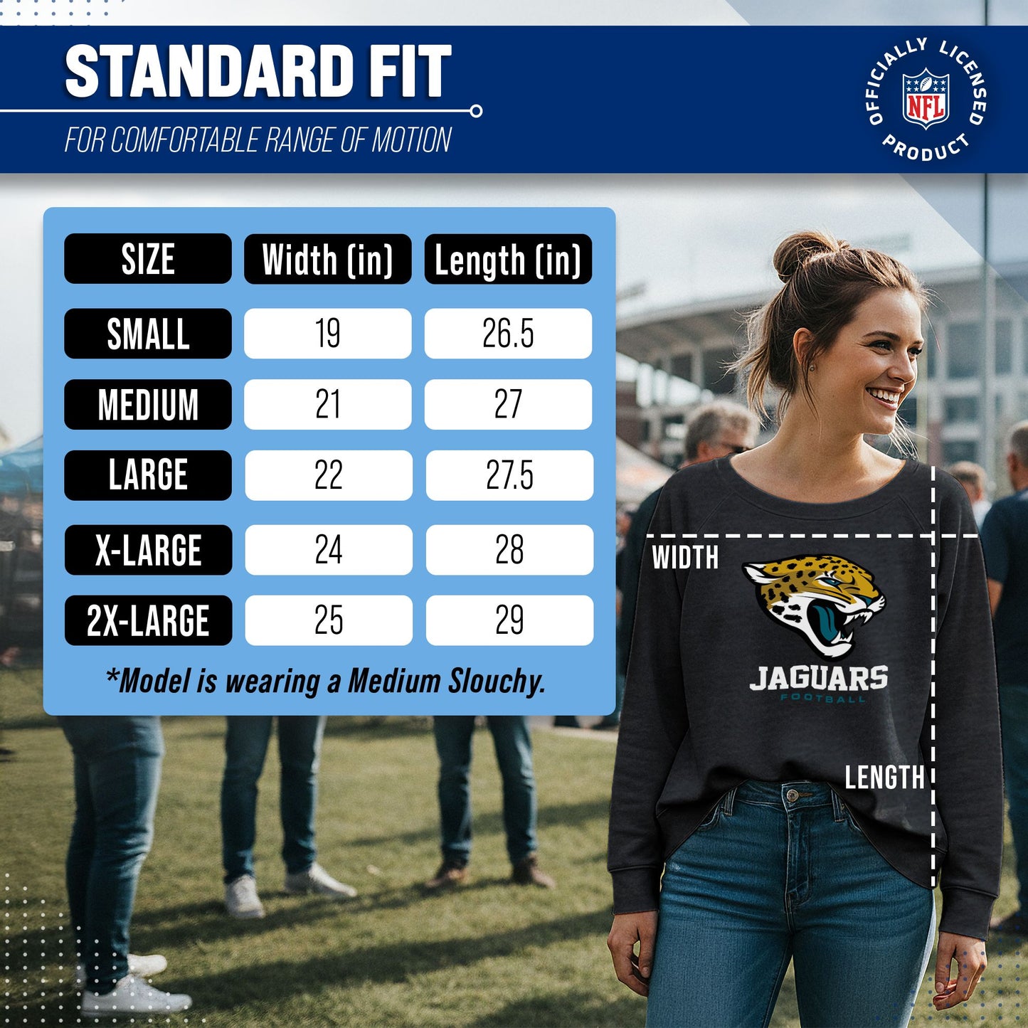 Jacksonville Jaguars Women's NFL Ultimate Fan Logo Slouchy Crewneck -Tagless Fleece Lightweight Pullover - Charcoal