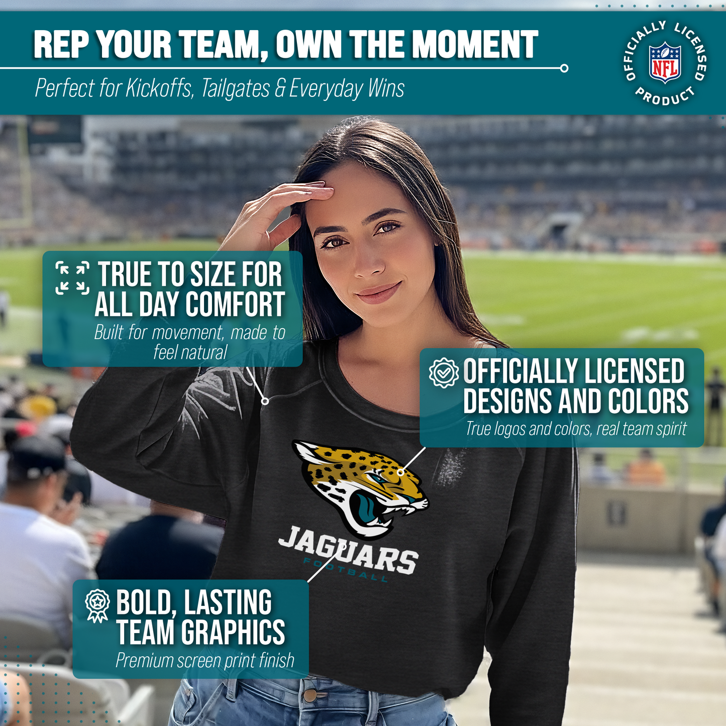 Jacksonville Jaguars Women's NFL Ultimate Fan Logo Slouchy Crewneck -Tagless Fleece Lightweight Pullover - Charcoal