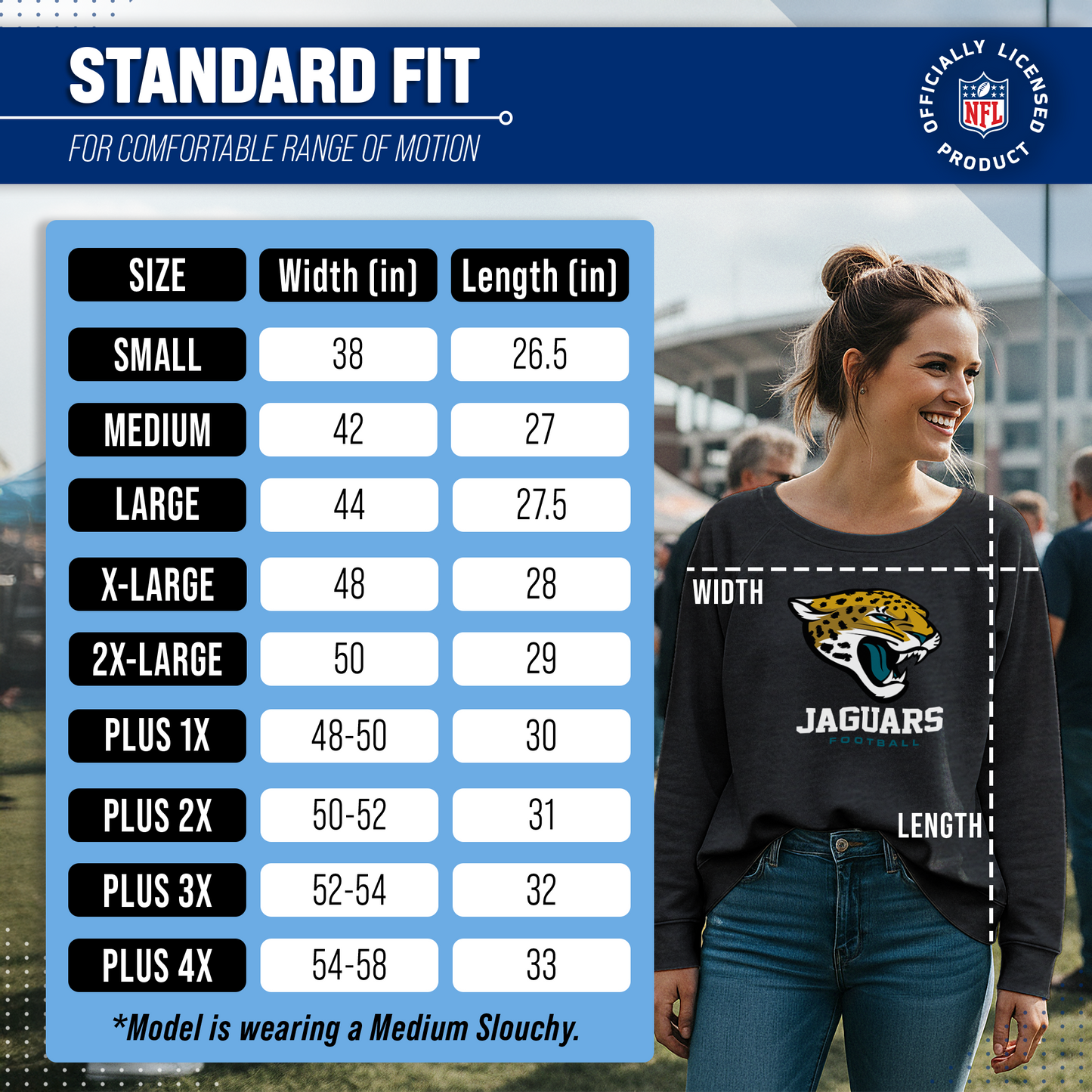 Jacksonville Jaguars Women's NFL Ultimate Fan Logo Slouchy Crewneck -Tagless Fleece Lightweight Pullover - Charcoal