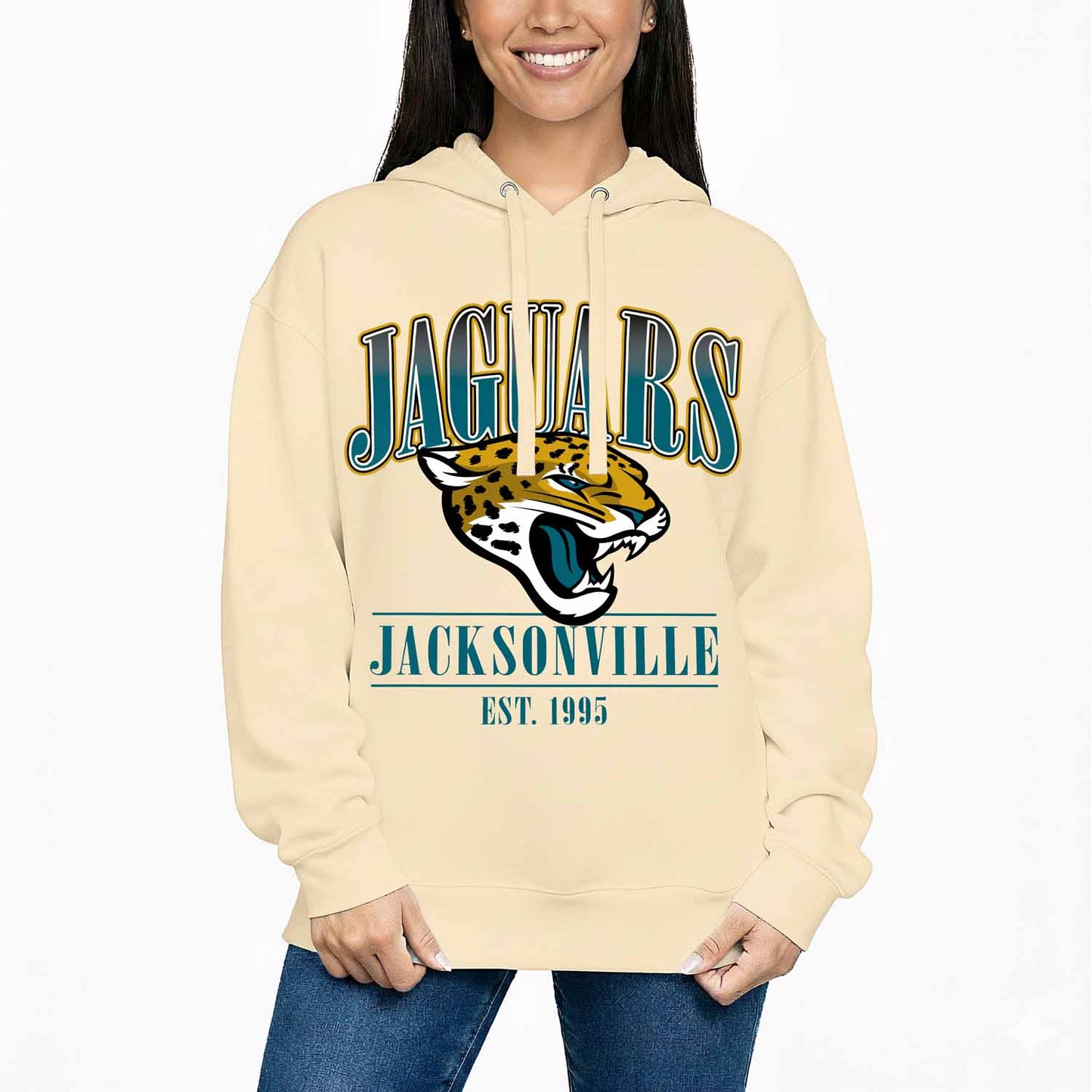 Jacksonville Jaguars Ladies NFL Starstruck Fleece Pullover Hooded Sweatshirt - Cream