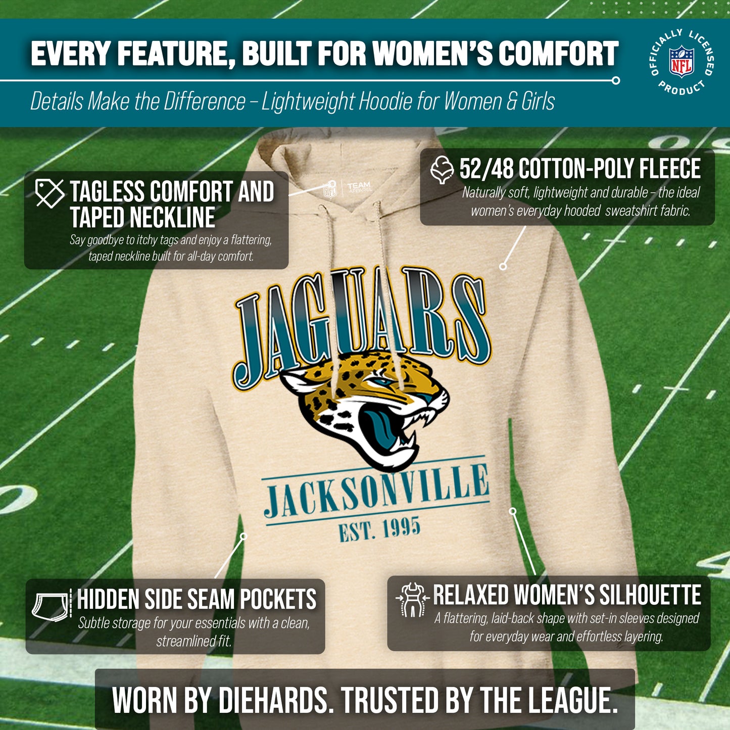 Jacksonville Jaguars Ladies NFL Starstruck Fleece Pullover Hooded Sweatshirt - Cream