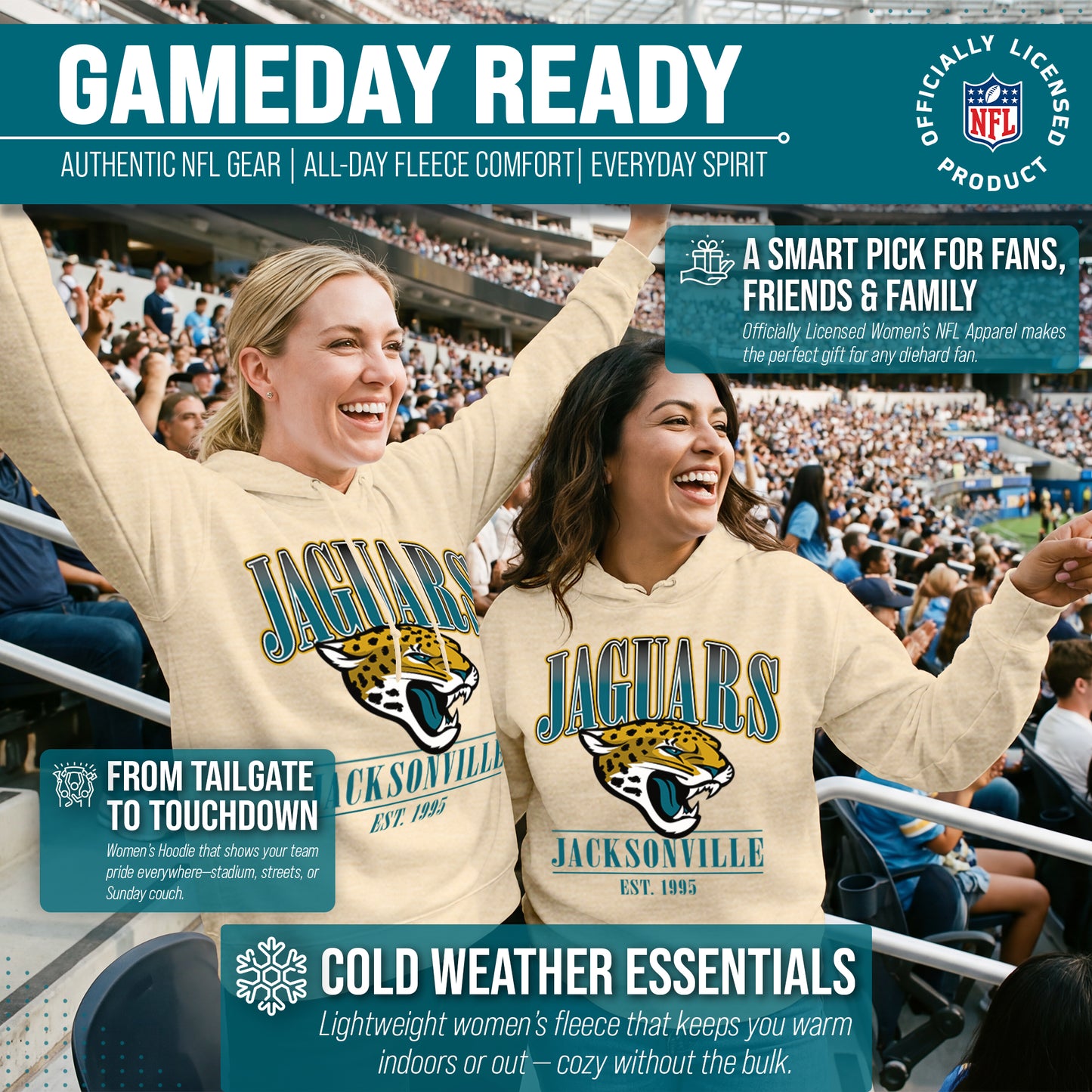 Jacksonville Jaguars Ladies NFL Starstruck Fleece Pullover Hooded Sweatshirt - Cream