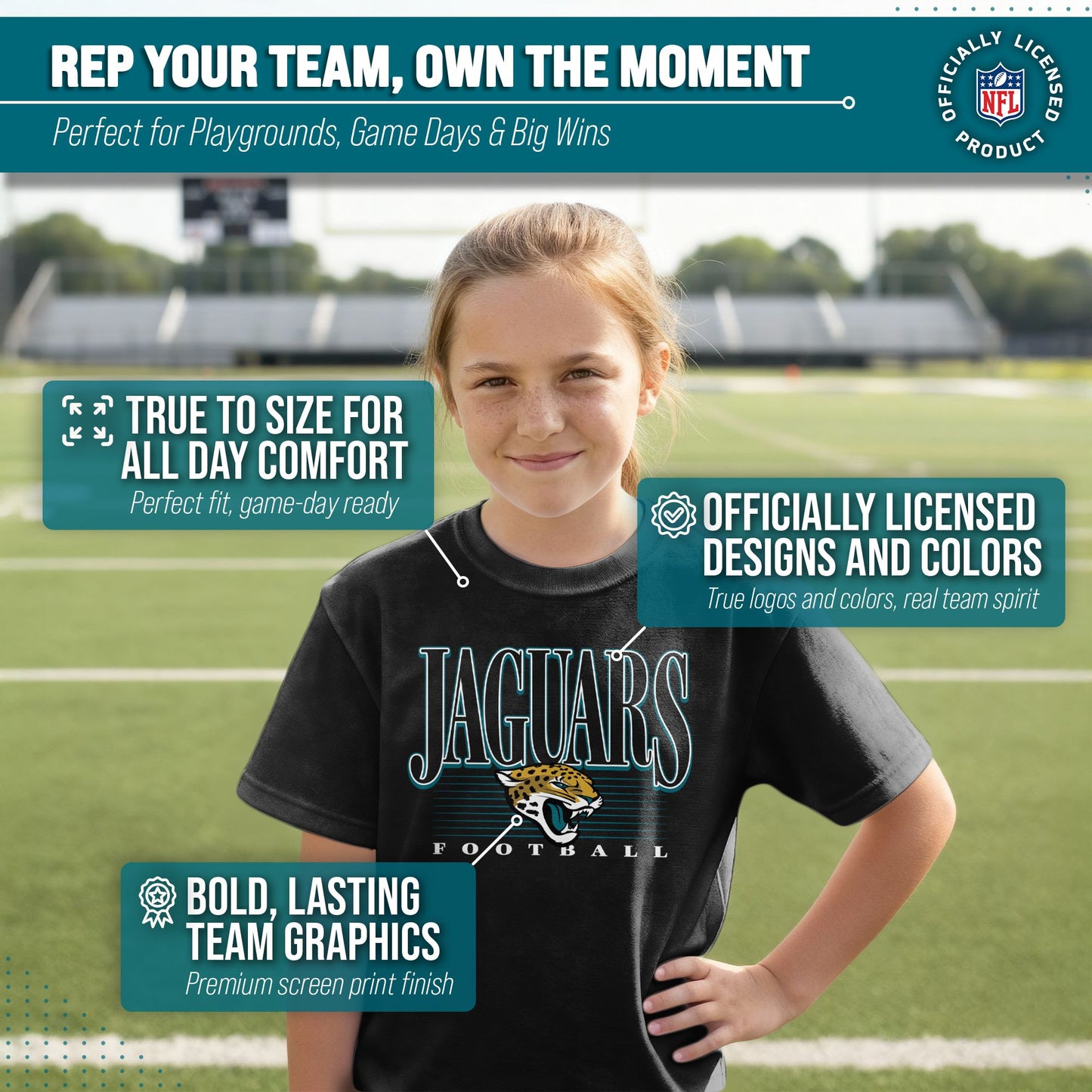 Jacksonville Jaguars NFL Youth Overtime Blueprint Football T-Shirt Unisex Tag Free Comfortable - Black