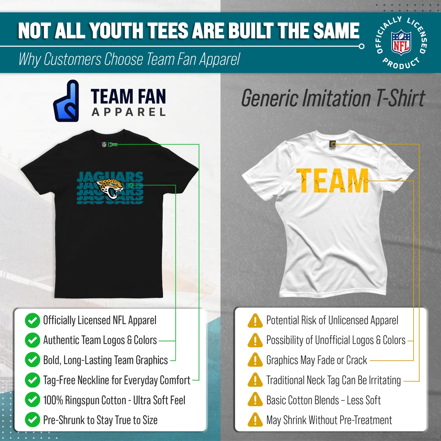 Jacksonville Jaguars NFL Youth Repeating Logo Football T-Shirt Unisex Tag Free Comfortable - Black