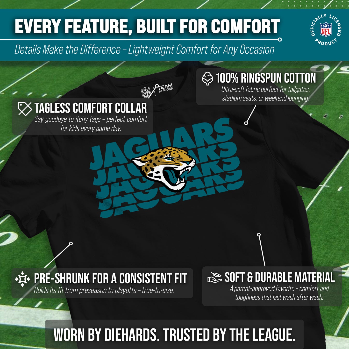 Jacksonville Jaguars NFL Youth Repeating Logo Football T-Shirt Unisex Tag Free Comfortable - Black