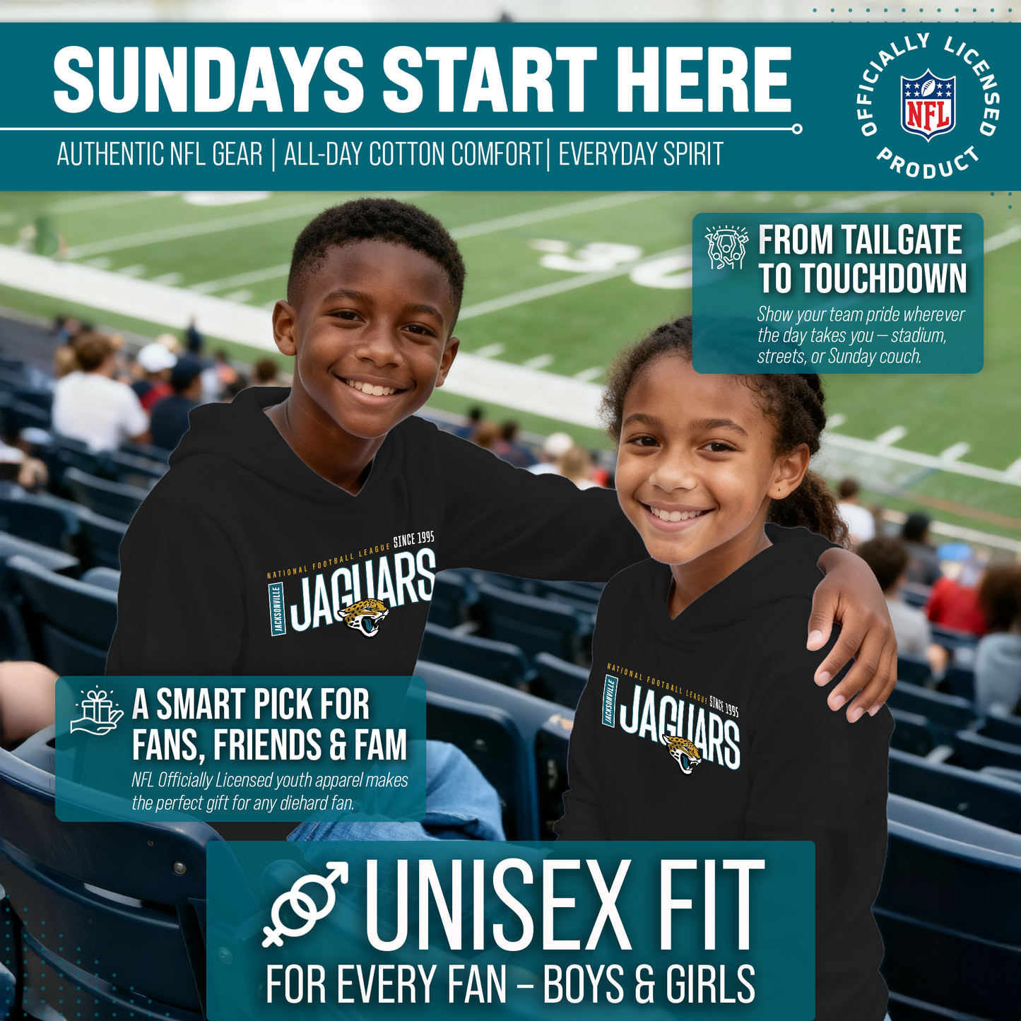 Jacksonville Jaguars NFL Youth Modern Endzone Football Fleece Hooded Sweatshirt - Black