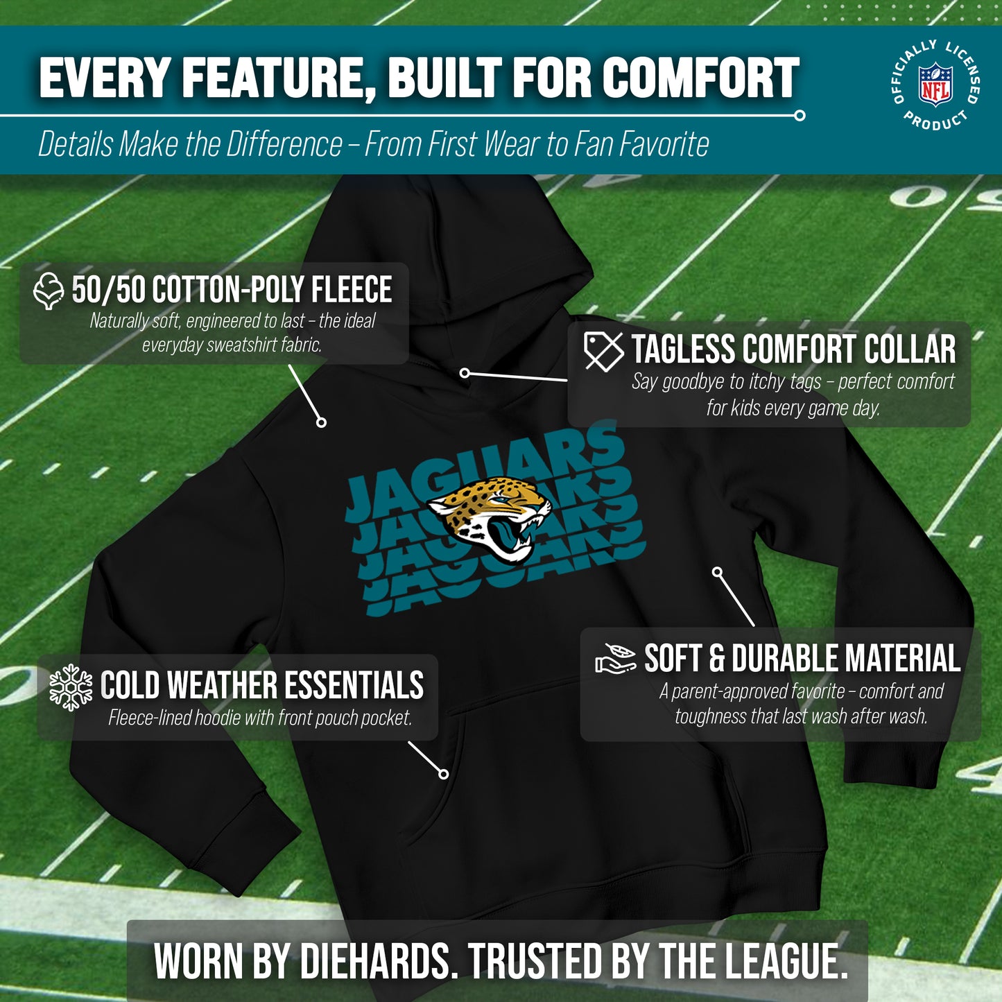 Jacksonville Jaguars NFL Youth Repeating Logo Football Fleece Hooded Sweatshirt - Black