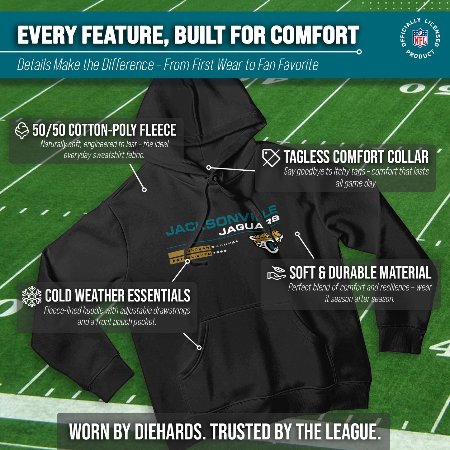 Jacksonville Jaguars Adult NFL Speed Stat Sheet Fleece Hooded Sweatshirt - Black