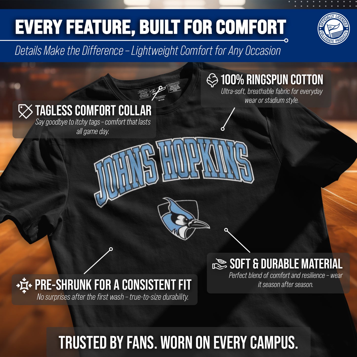 Johns Hopkins Blue Jays NCAA Adult Gameday Cotton T-Shirt - Black