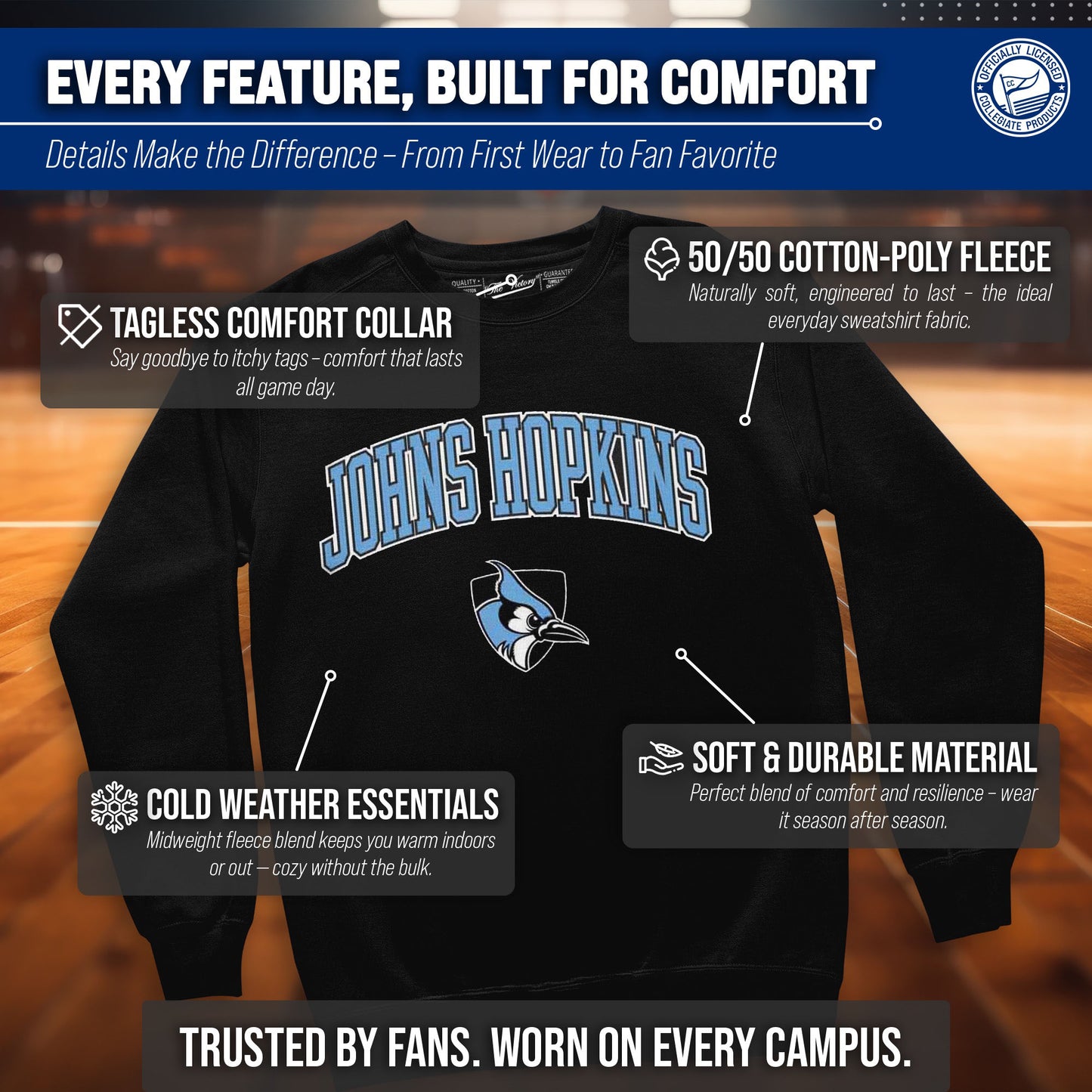 Johns Hopkins Blue Jays Adult Arch & Logo Soft Style Gameday Crewneck Sweatshirt - Black