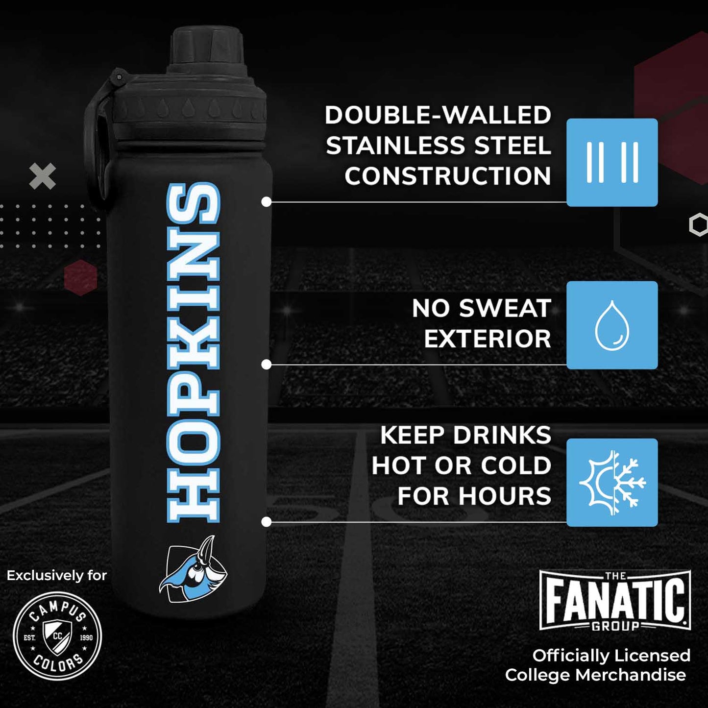 Johns Hopkins Blue Jays NCAA Stainless Steel Water Bottle - Black