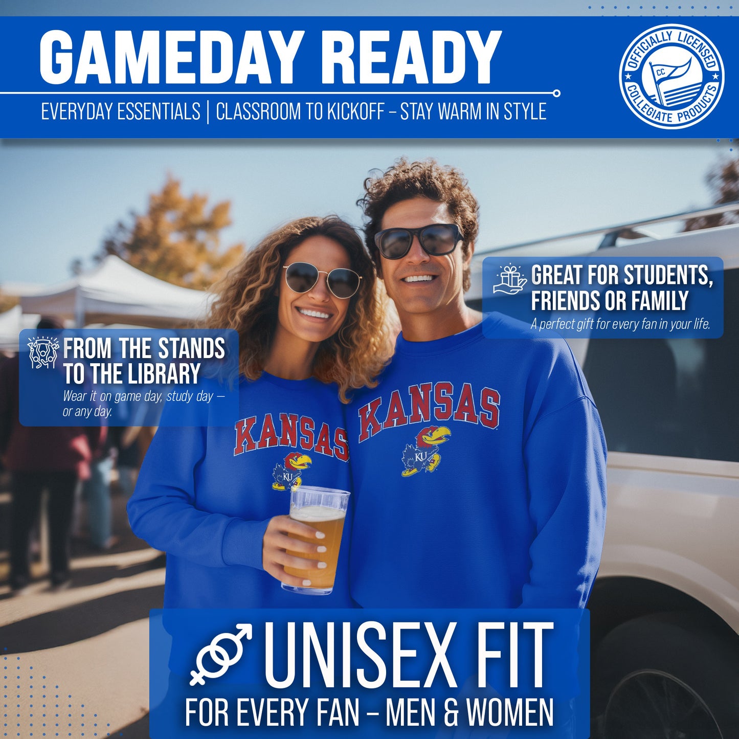 Kansas Jayhawks Adult Arch & Logo Soft Style Gameday Crewneck Sweatshirt - Royal