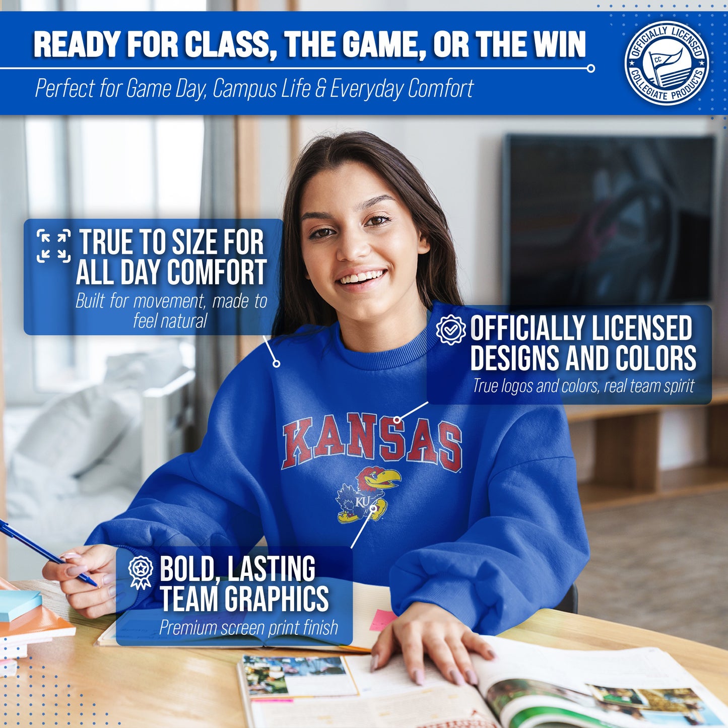 Kansas Jayhawks Adult Arch & Logo Soft Style Gameday Crewneck Sweatshirt - Royal