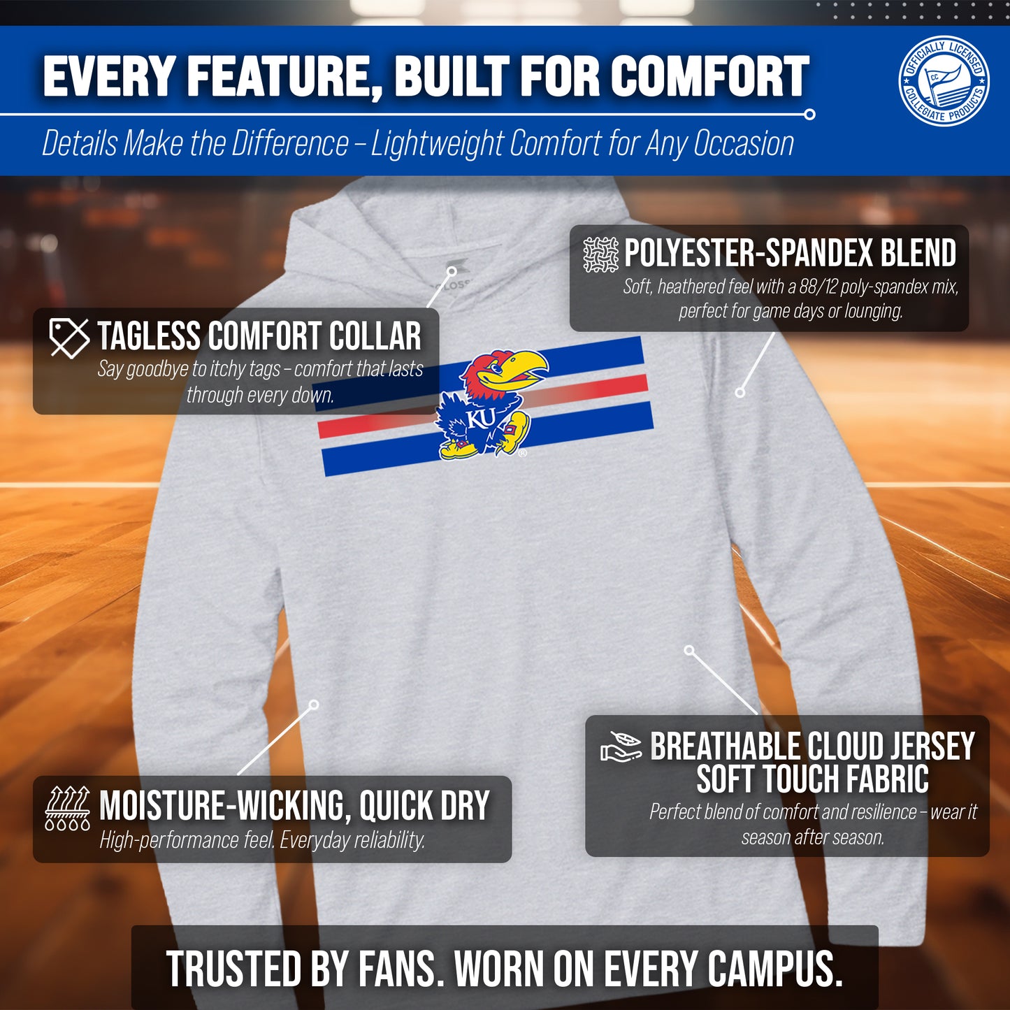 Kansas Jayhawks NCAA Unisex Scholarship Cloud Jersey Performance Hooded Long Sleeve Tee - Gray Heather