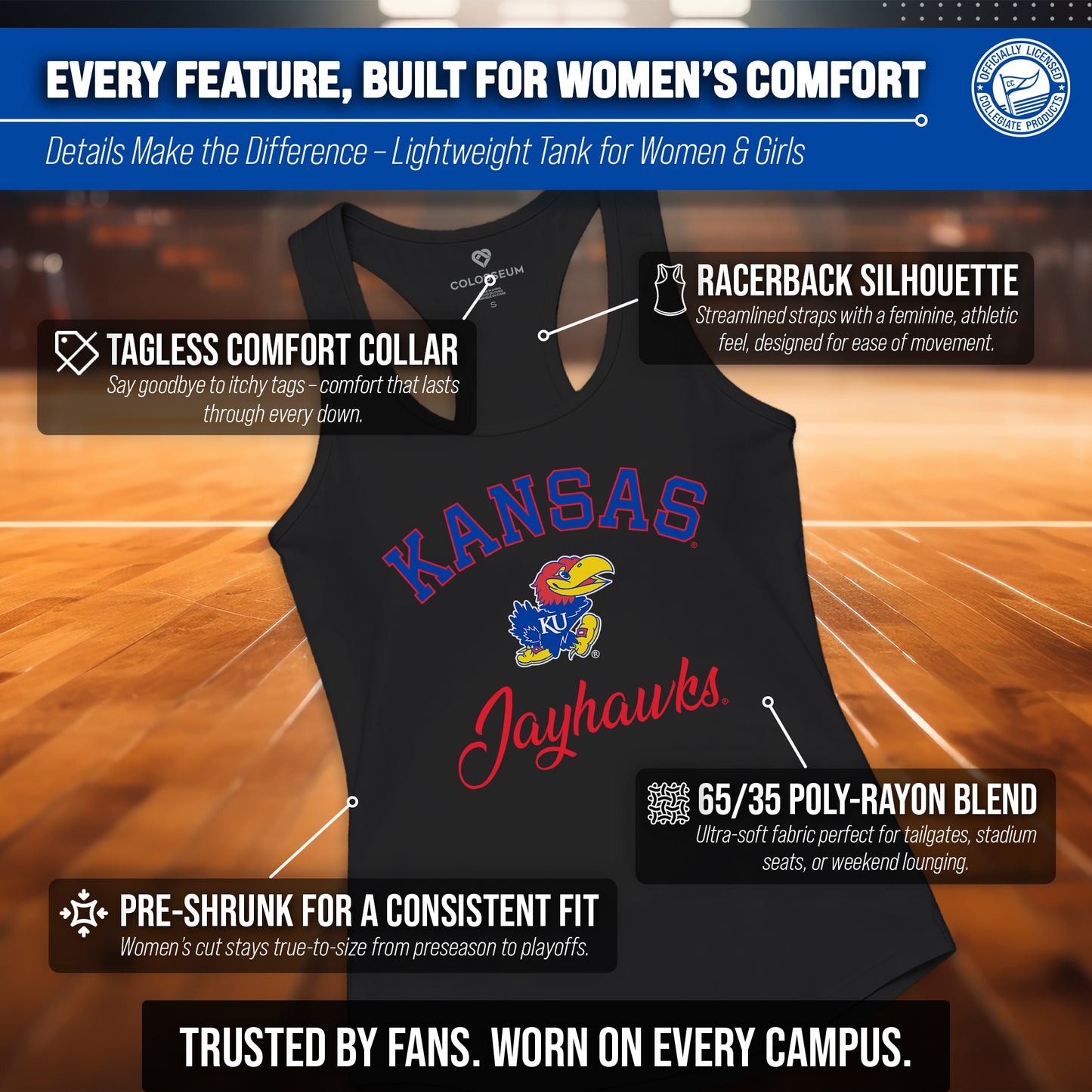 Kansas Jayhawks NCAA Womens Tag-Less Ultra Soft Tailgate Tank Top - Black Heather