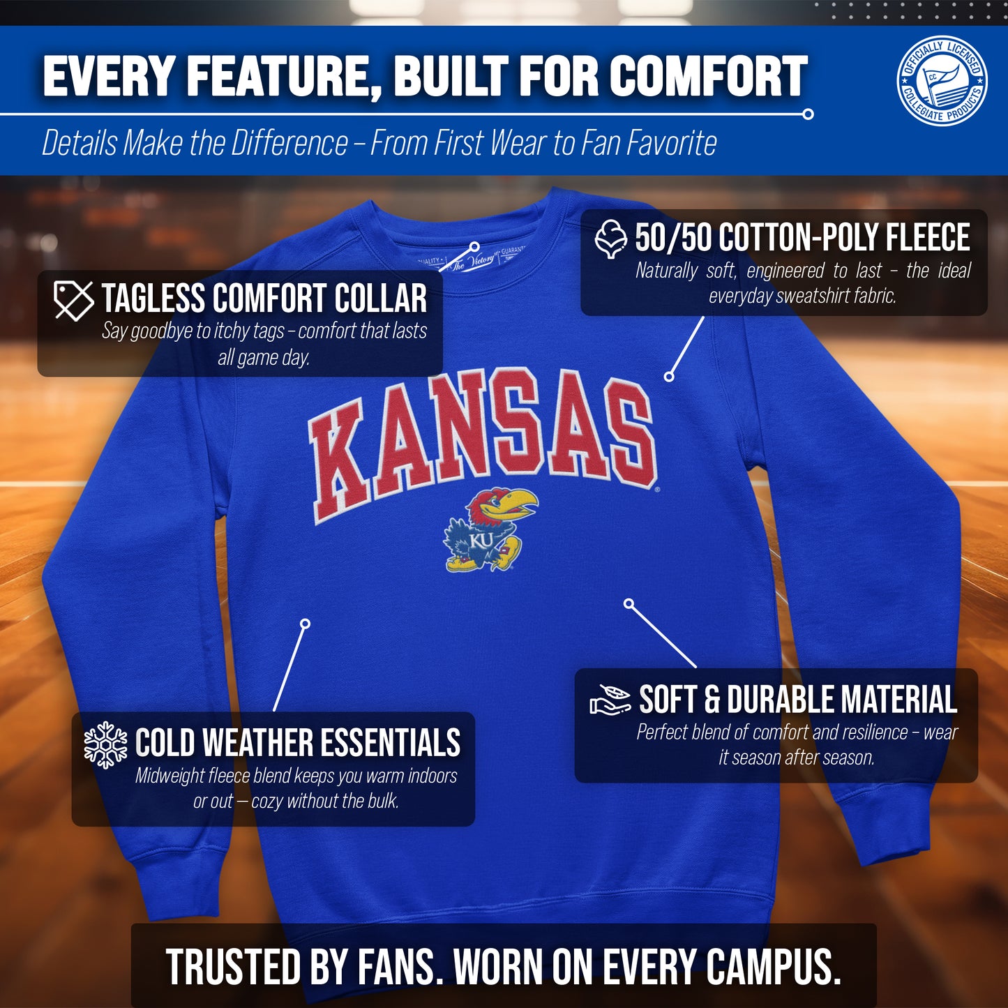 Kansas Jayhawks NCAA Adult Tackle Twill Crewneck Sweatshirt - Royal