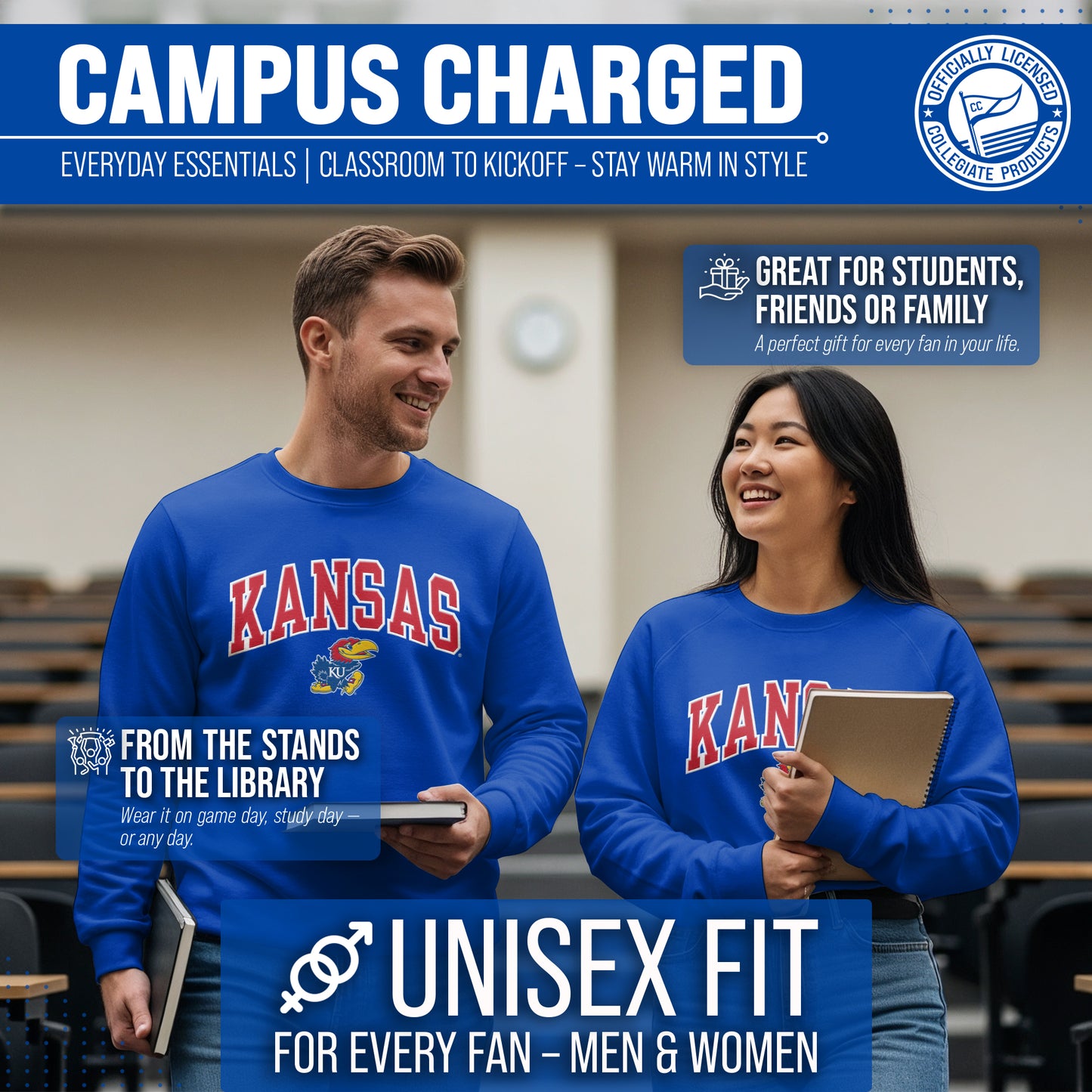 Kansas Jayhawks NCAA Adult Tackle Twill Crewneck Sweatshirt - Royal