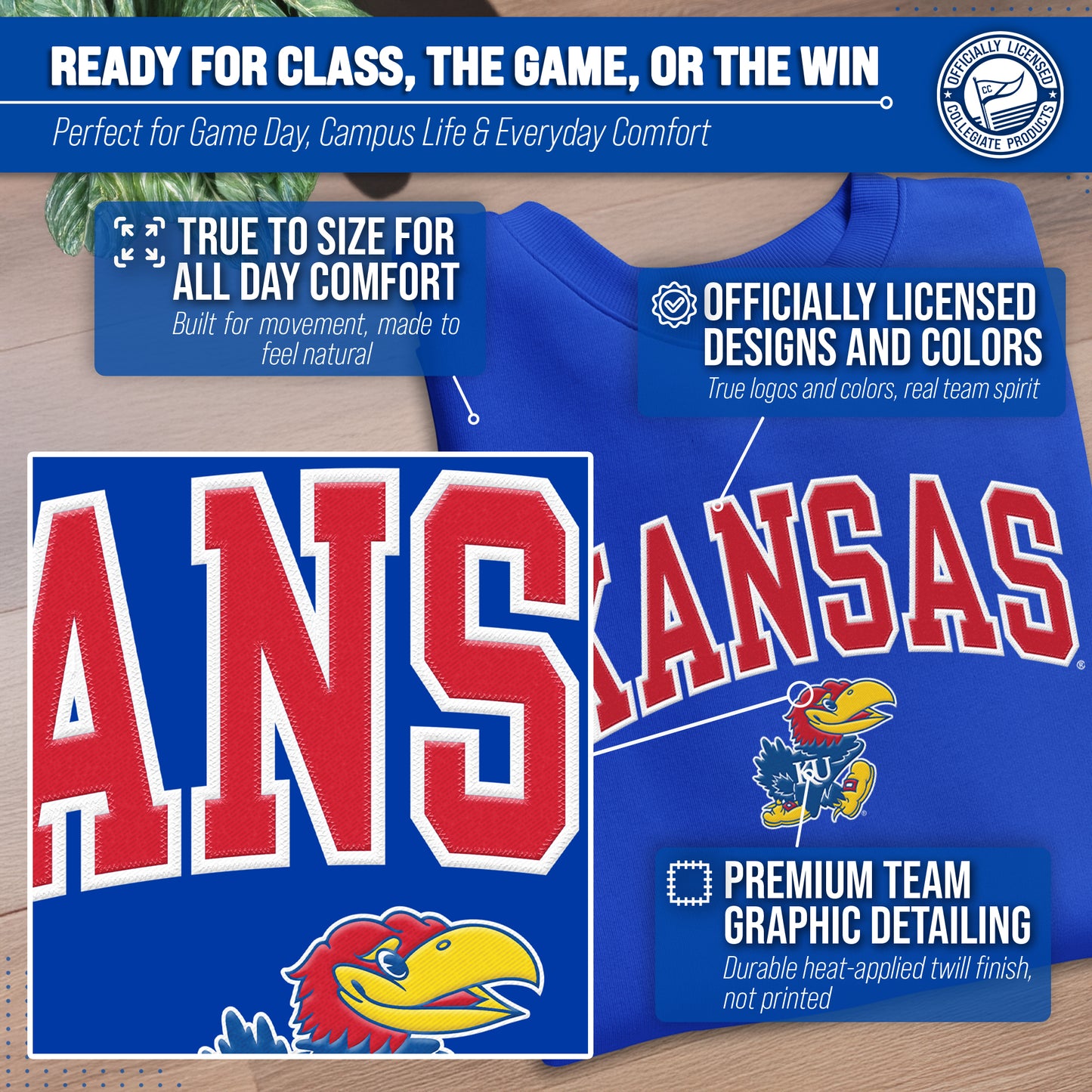 Kansas Jayhawks NCAA Adult Tackle Twill Crewneck Sweatshirt - Royal