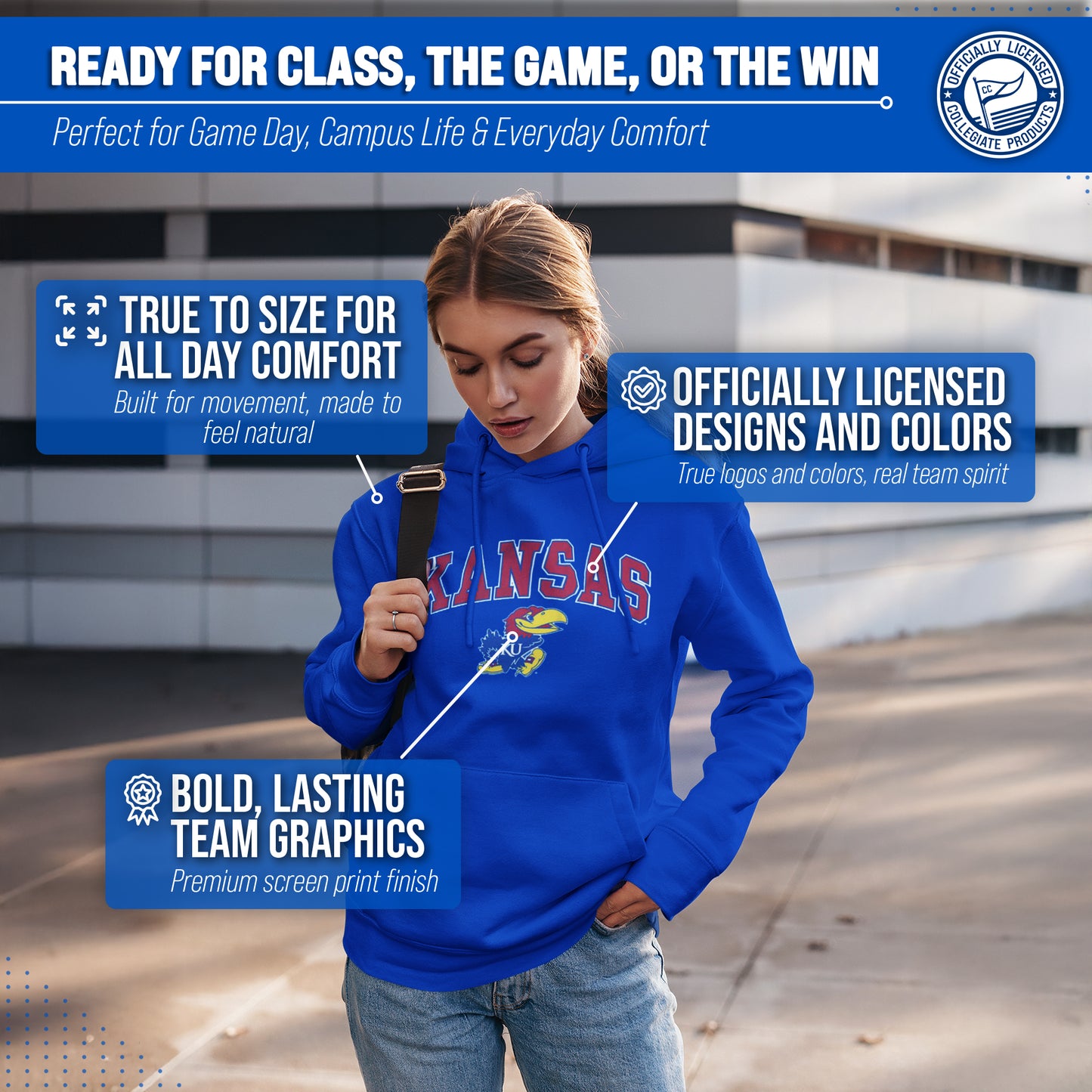 Kansas Jayhawks Adult Arch & Logo Soft Style Gameday Hooded Sweatshirt - Royal