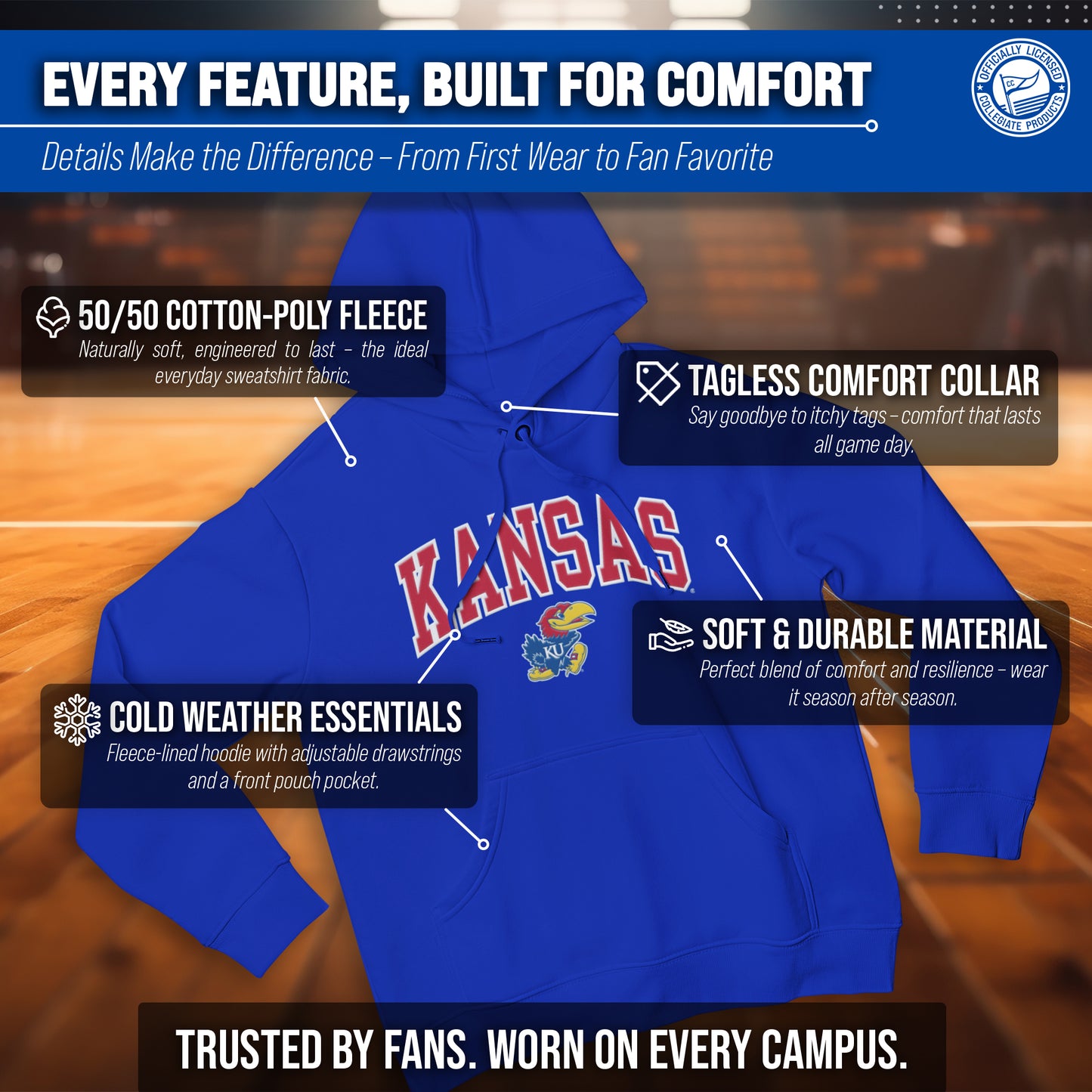 Kansas Jayhawks NCAA Adult Tackle Twill Hooded Sweatshirt - Royal