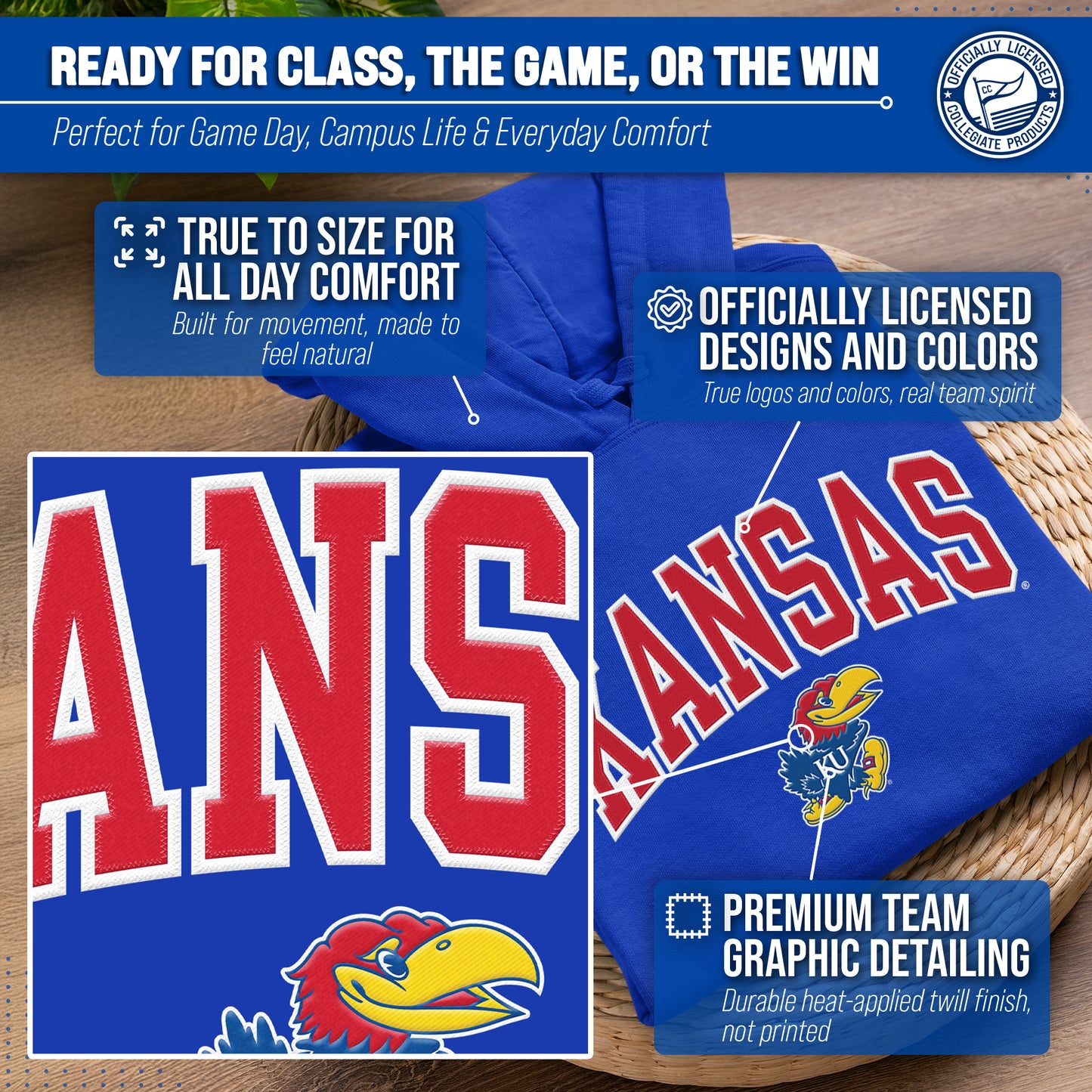 Kansas Jayhawks NCAA Adult Tackle Twill Hooded Sweatshirt - Royal