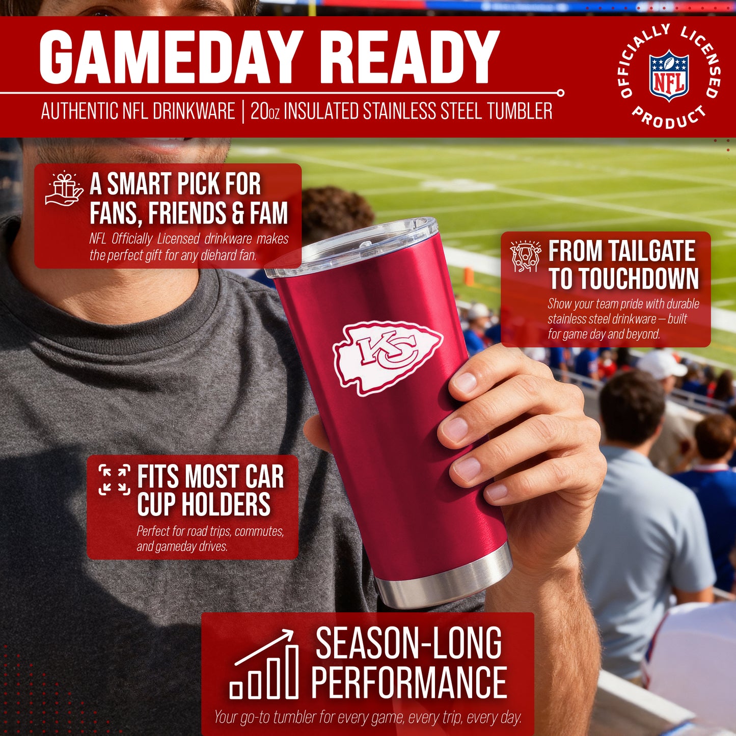 Kansas City Chiefs NFL 20oz Gameday Stainless Steel Tumbler - Red