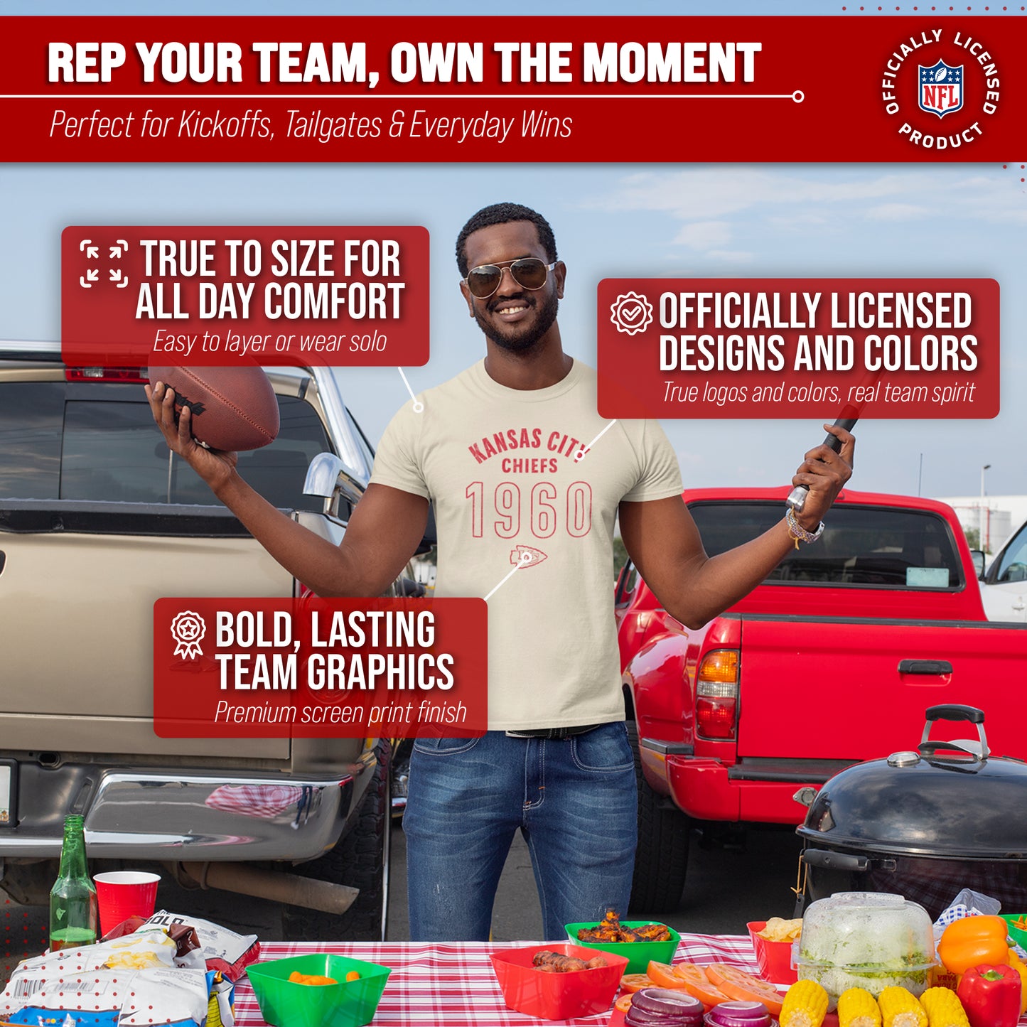 Kansas City Chiefs NFL Adult Big Date Tag-Less T-Shirt - Natural