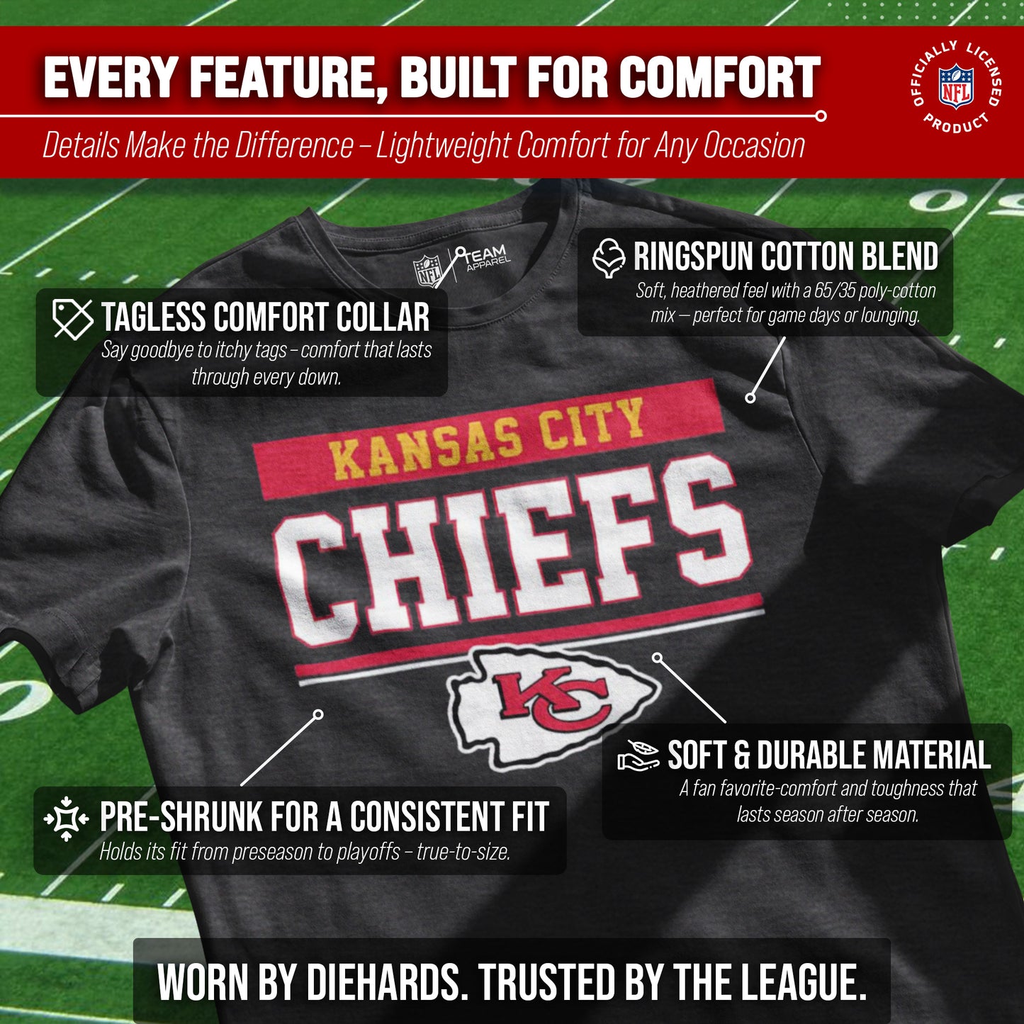Kansas City Chiefs NFL Adult Team Block Tagless T-Shirt - Charcoal