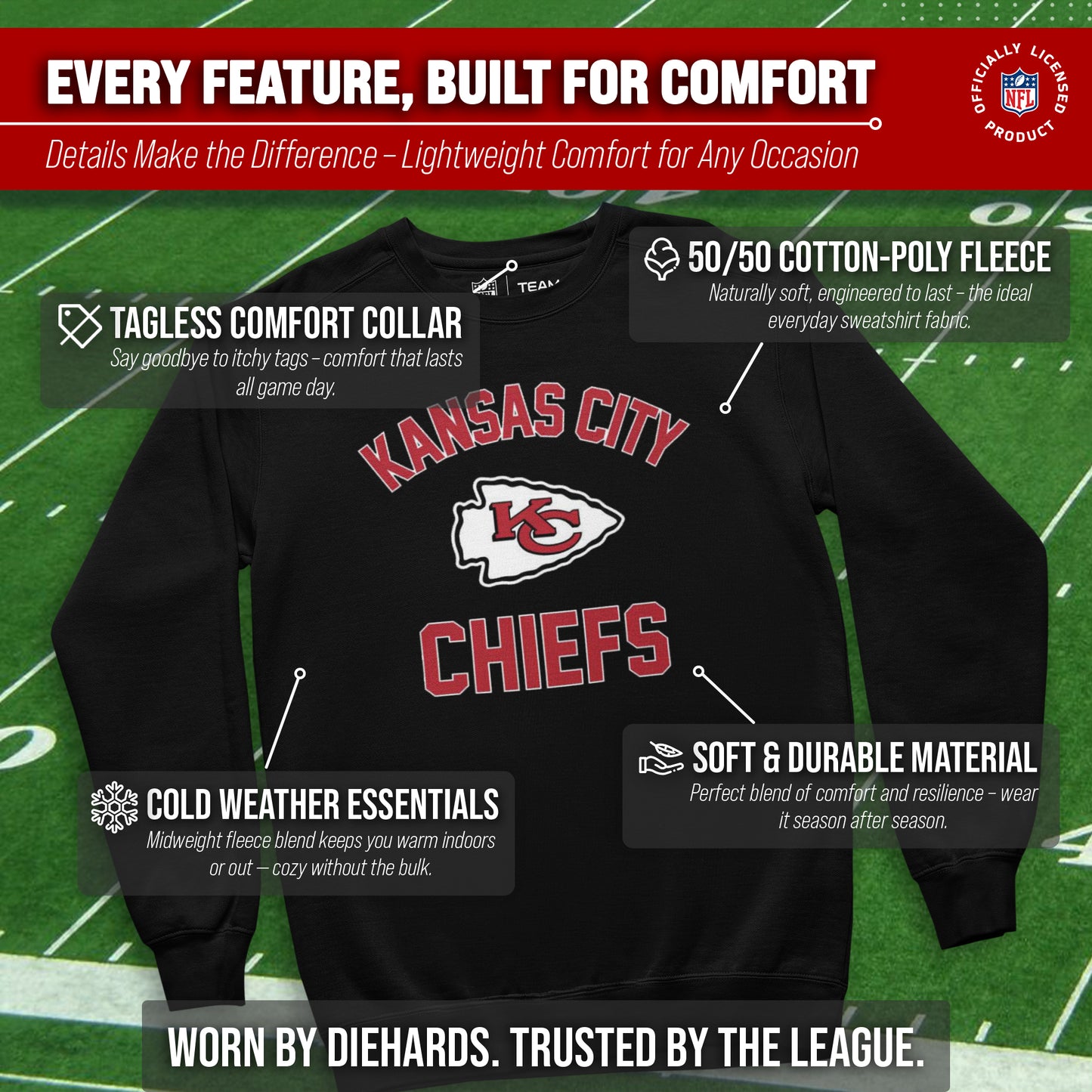 Kansas City Chiefs NFL Adult Gameday Football Crewneck Sweatshirt - Black