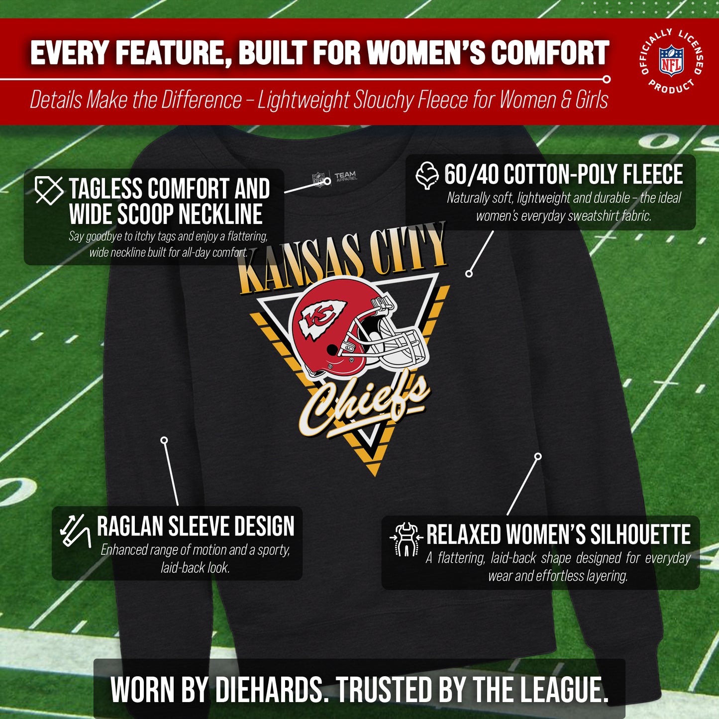 Kansas City Chiefs NFL Womens Retro Triangle Slouchy Crewneck - Heather Charcoal