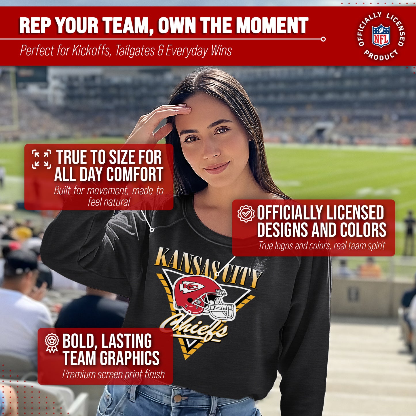 Kansas City Chiefs NFL Womens Retro Triangle Slouchy Crewneck - Heather Charcoal